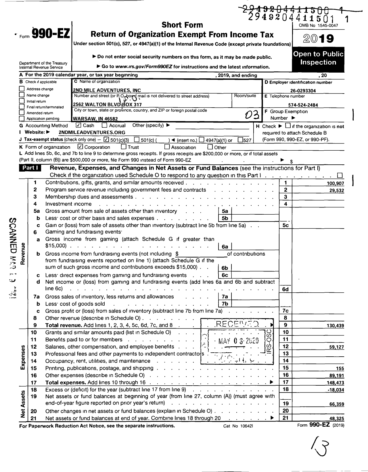 Image of first page of 2019 Form 990EZ for 2nd Mile Adventures