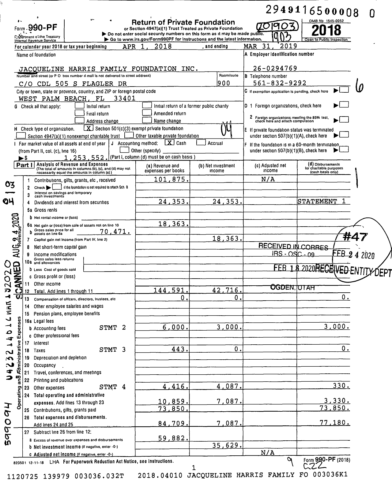 Image of first page of 2018 Form 990PR for Jacqueline Harris Family Foundation