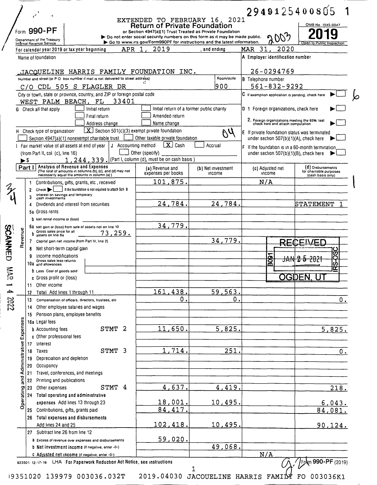 Image of first page of 2019 Form 990PF for Jacqueline Harris Family Foundation