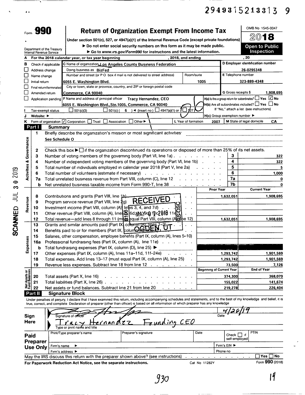 Image of first page of 2018 Form 990O for BizFed