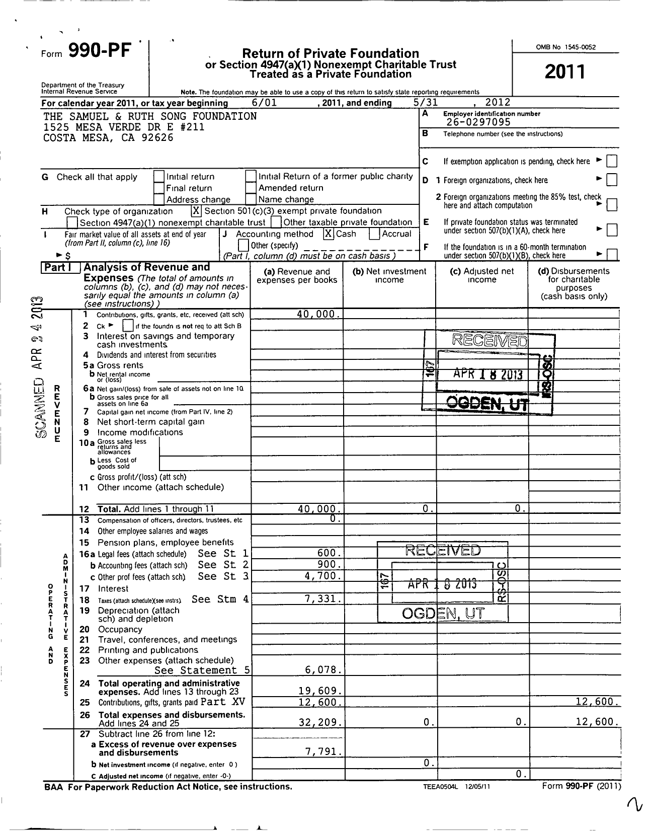 Image of first page of 2011 Form 990PF for The Samuel & Ruth Song Foundation