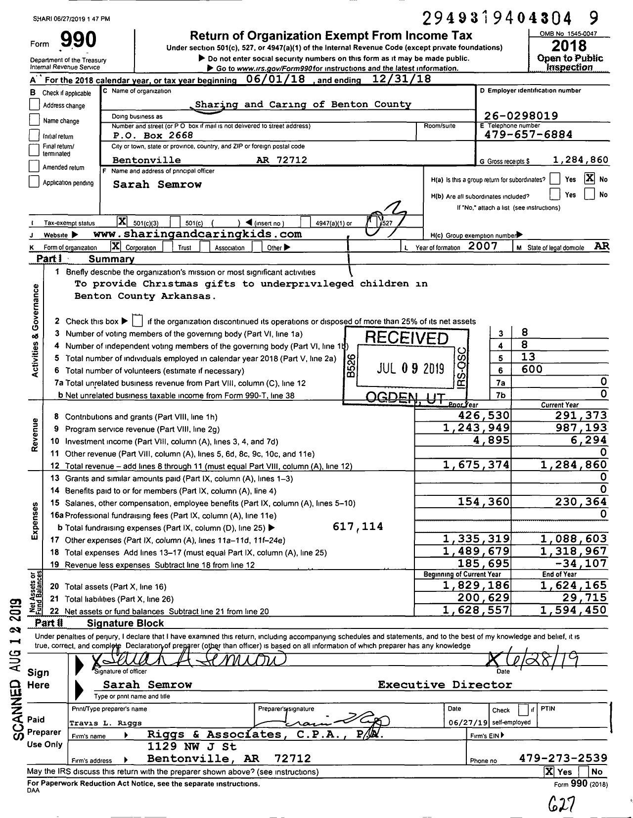 Image of first page of 2018 Form 990 for Sharing and Caring of Benton County