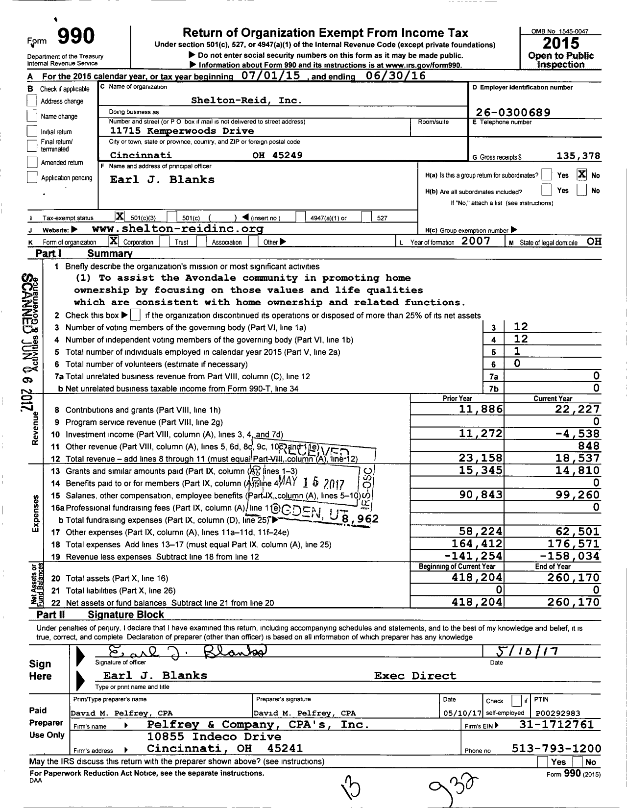 Image of first page of 2015 Form 990 for Shelton-Reid