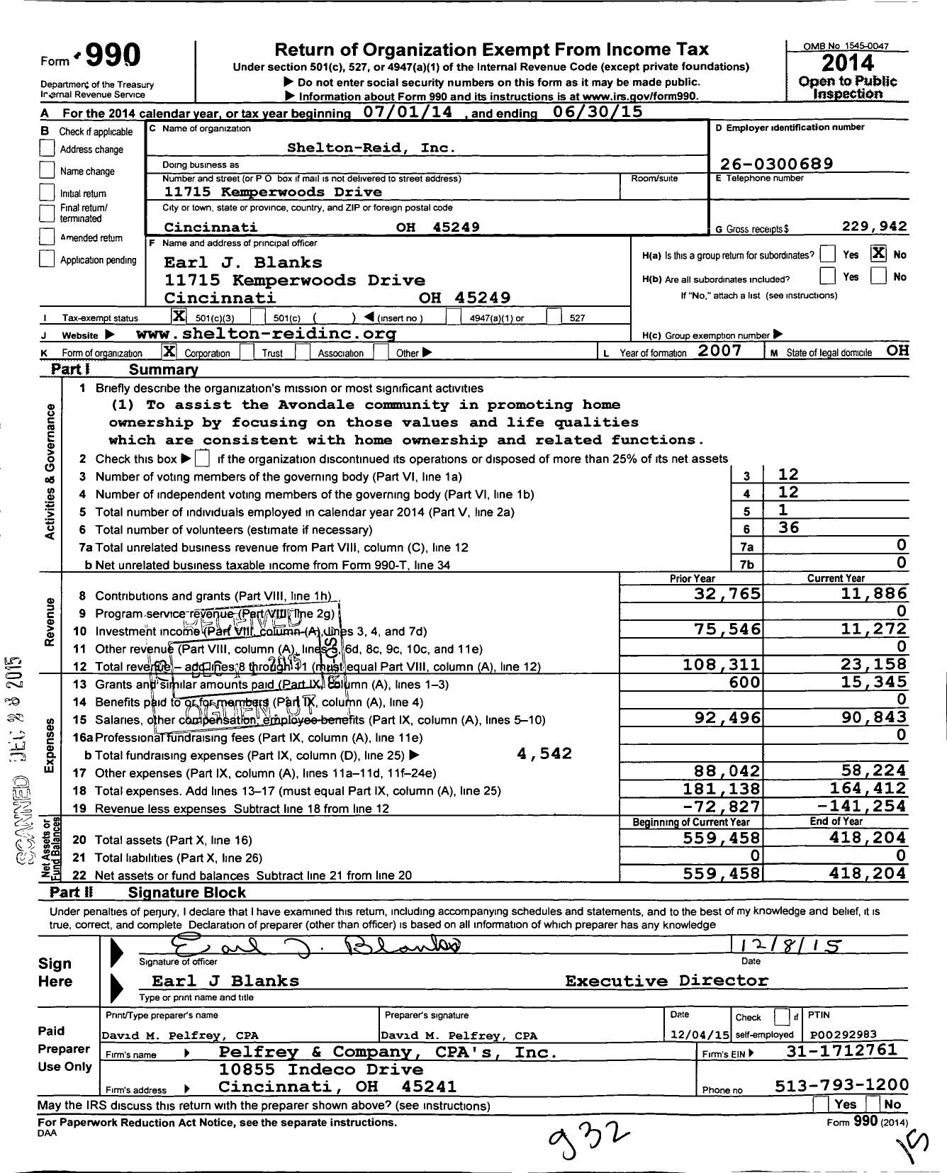 Image of first page of 2014 Form 990 for Shelton-Reid