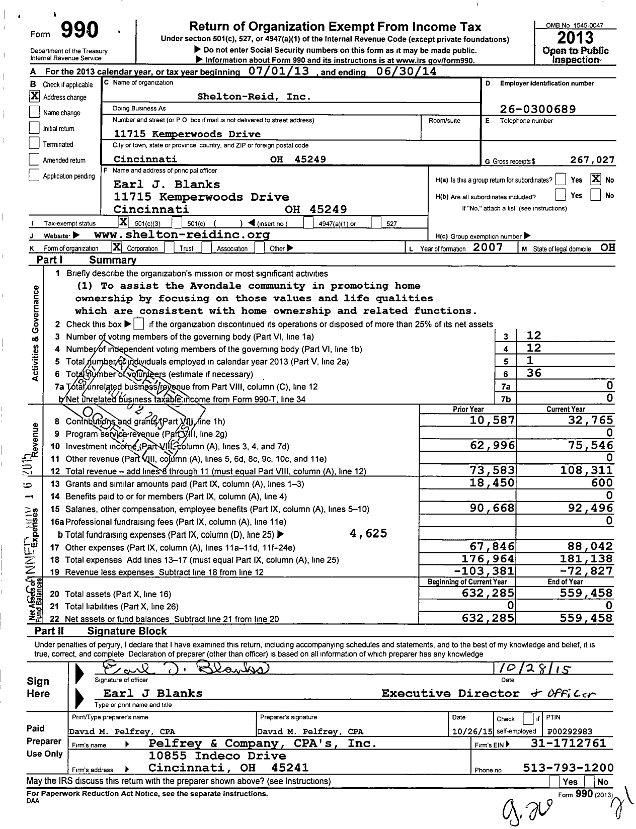 Image of first page of 2013 Form 990 for Shelton-Reid