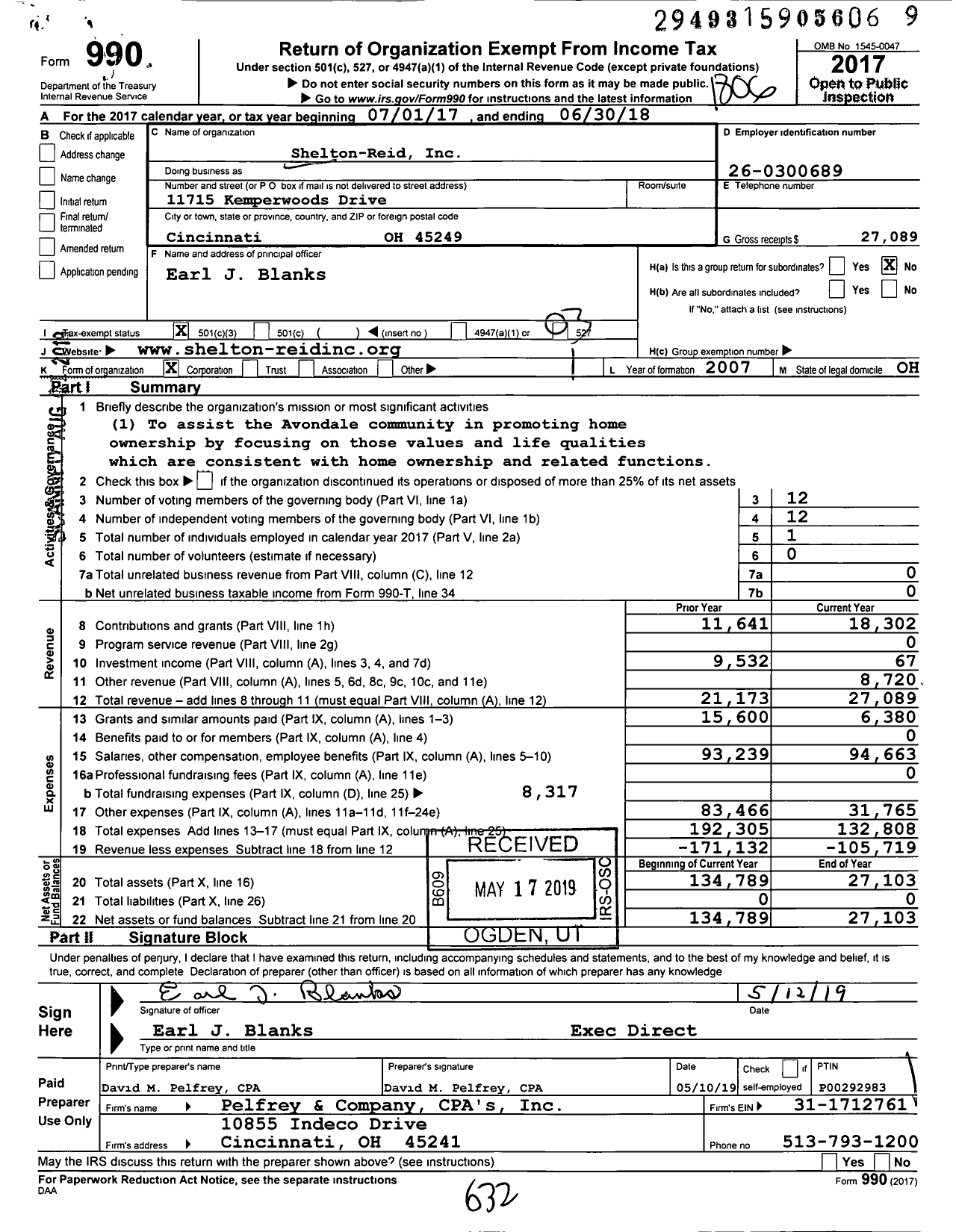 Image of first page of 2017 Form 990 for Shelton-Reid