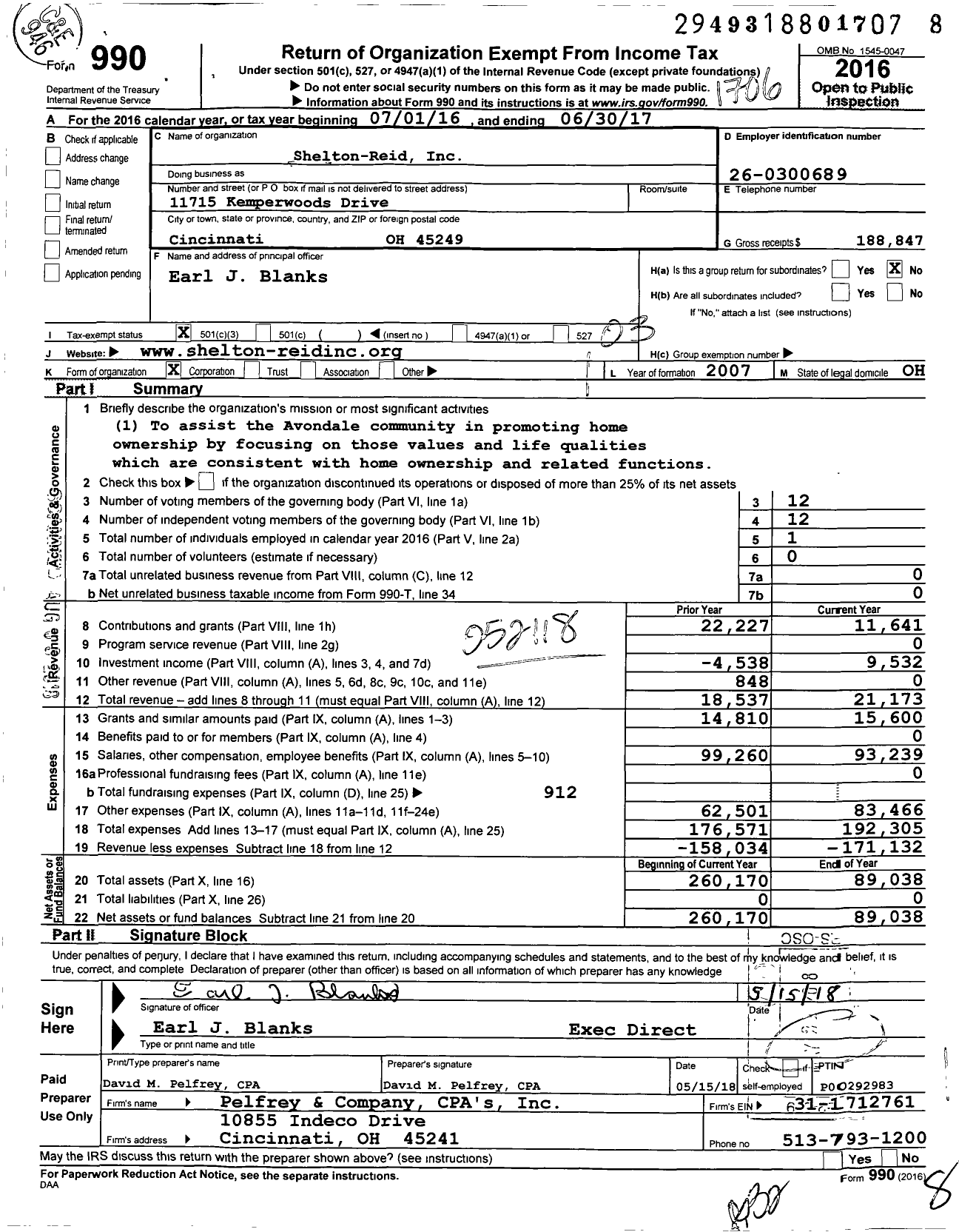 Image of first page of 2016 Form 990 for Shelton-Reid