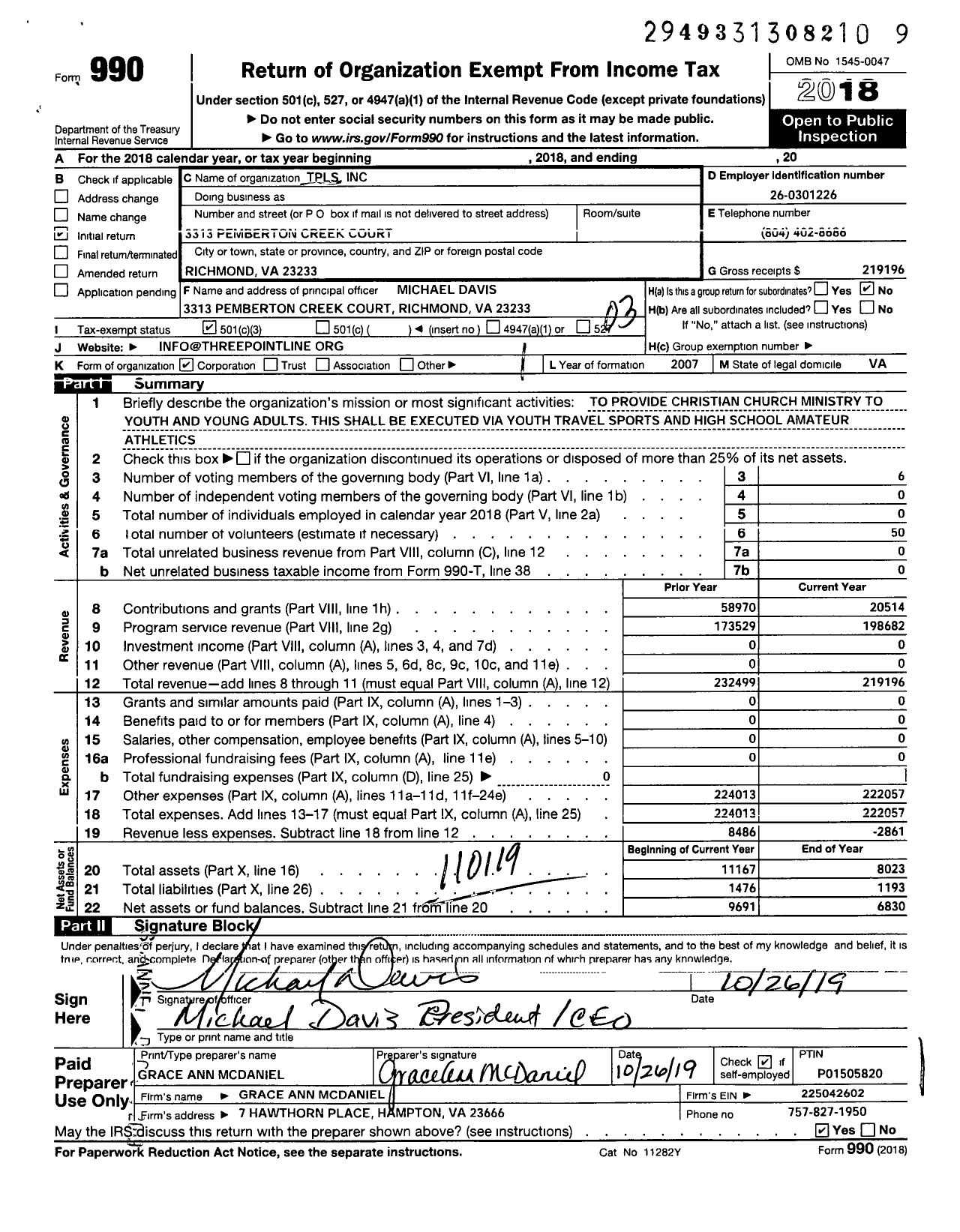 Image of first page of 2018 Form 990 for TPLS