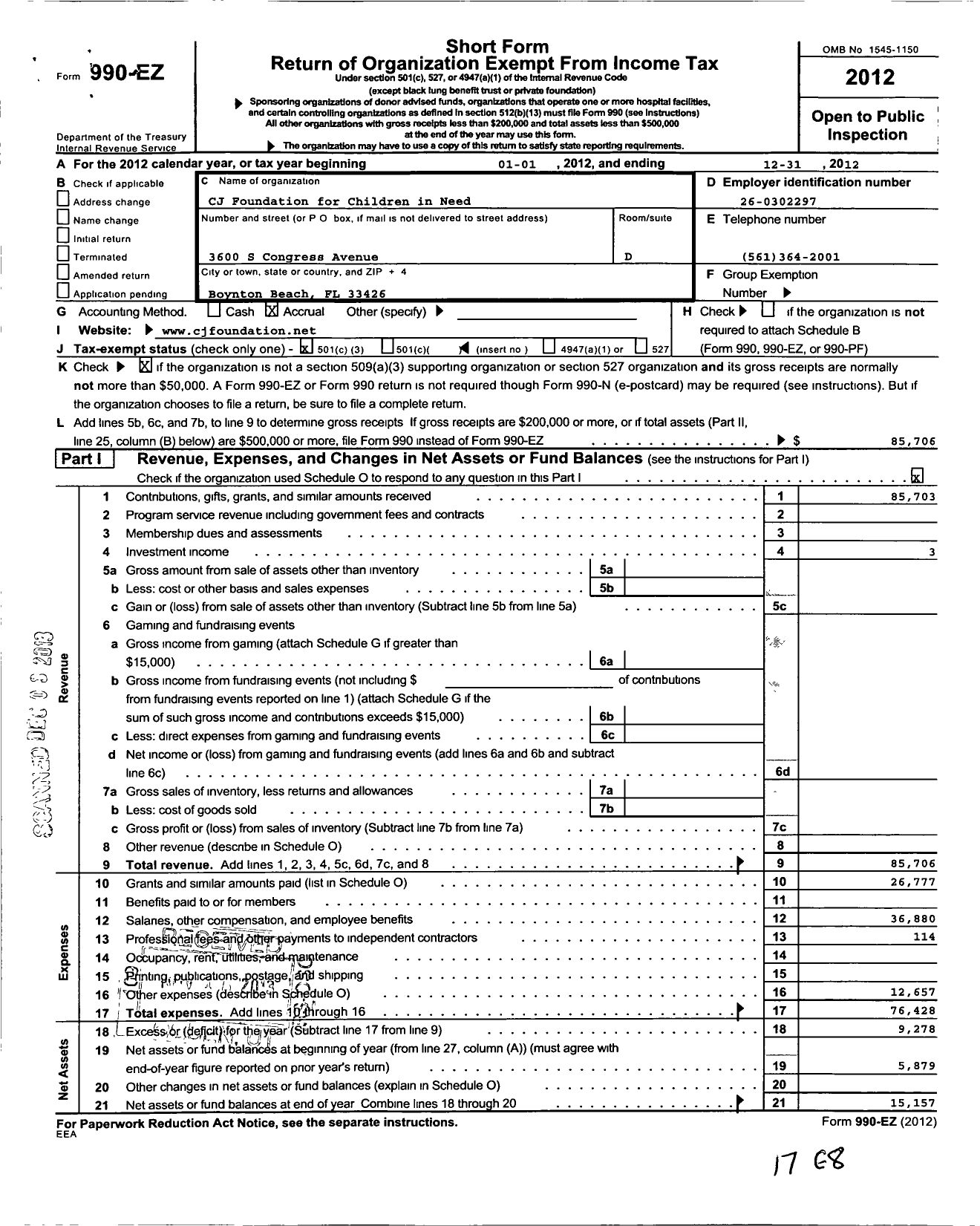 Image of first page of 2012 Form 990EZ for CJ Foundation for Children in Need