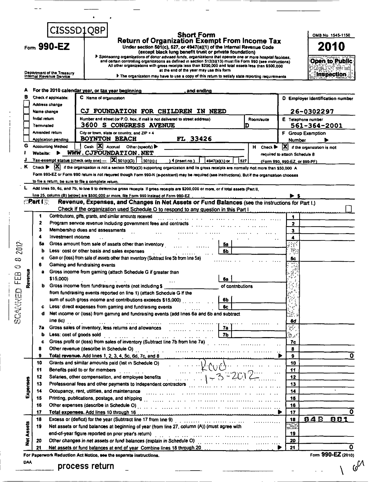 Image of first page of 2010 Form 990EZ for CJ Foundation for Children in Need