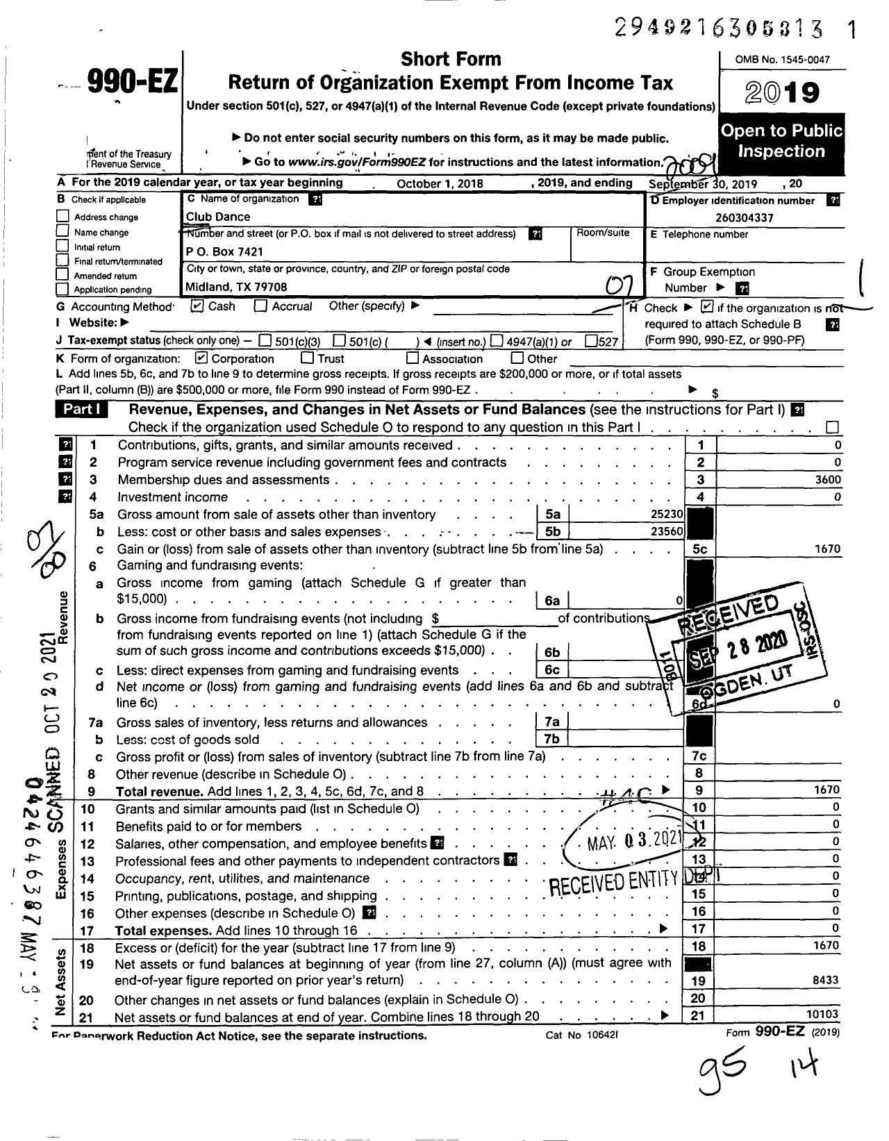 Image of first page of 2019 Form 990EO for Club Dance