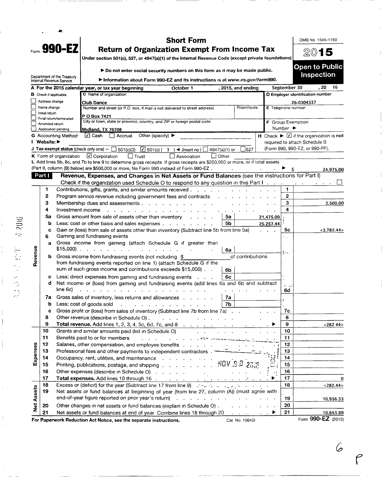 Image of first page of 2015 Form 990EO for Club Dance