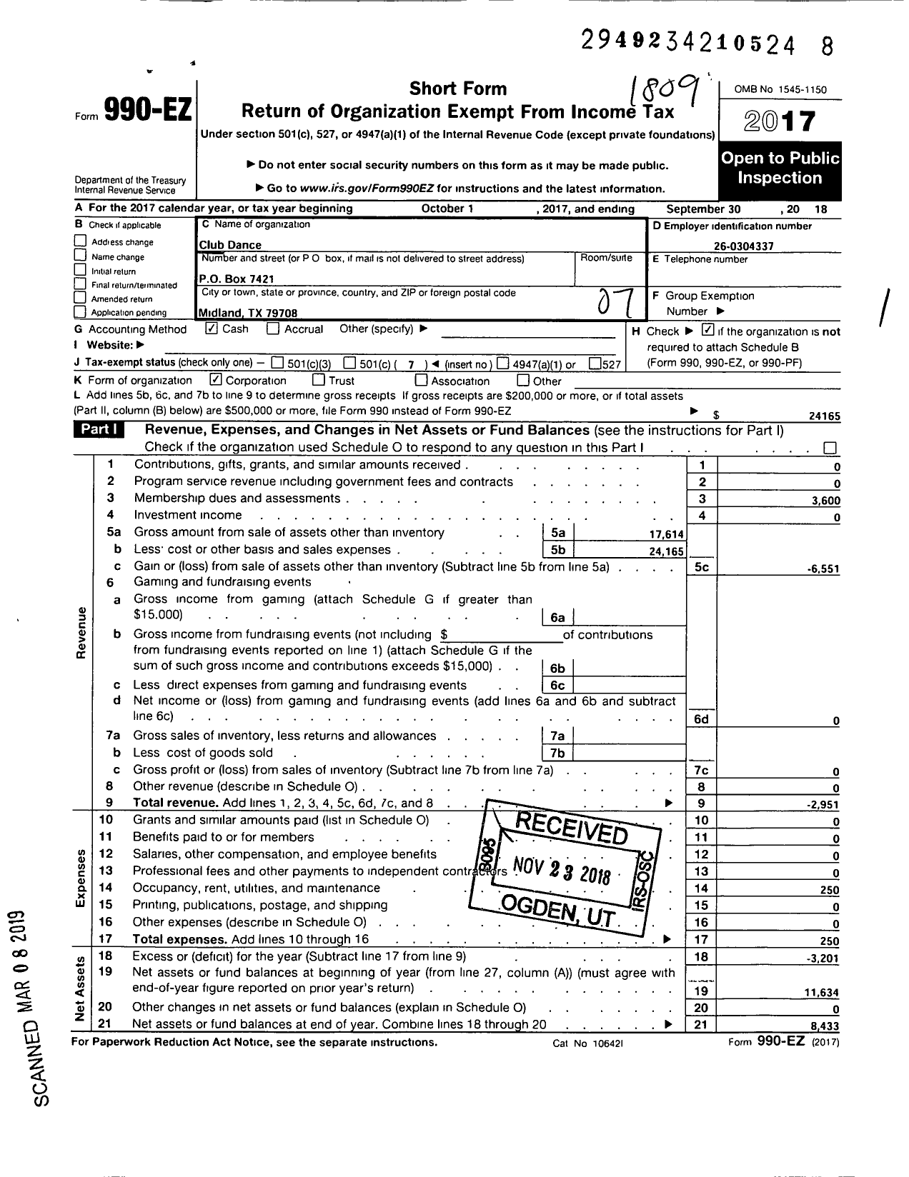 Image of first page of 2017 Form 990EO for Club Dance