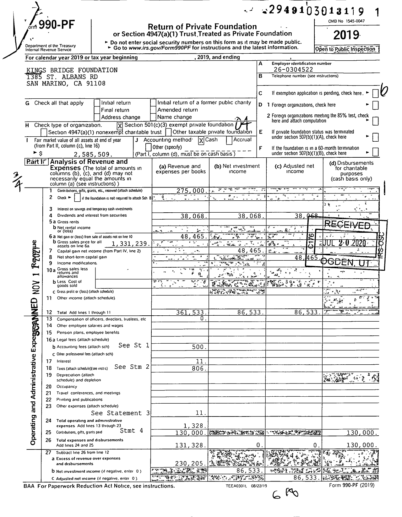 Image of first page of 2019 Form 990PF for Kings Bridge Foundation