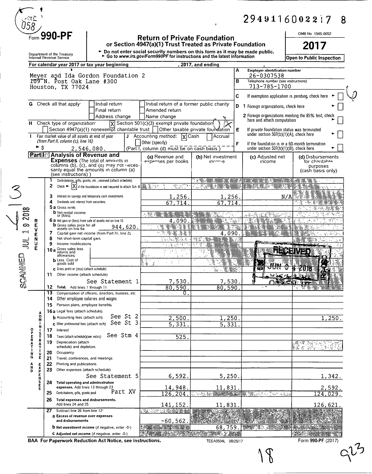 Image of first page of 2017 Form 990PF for Meyer and Ida Gordon Foundation 2