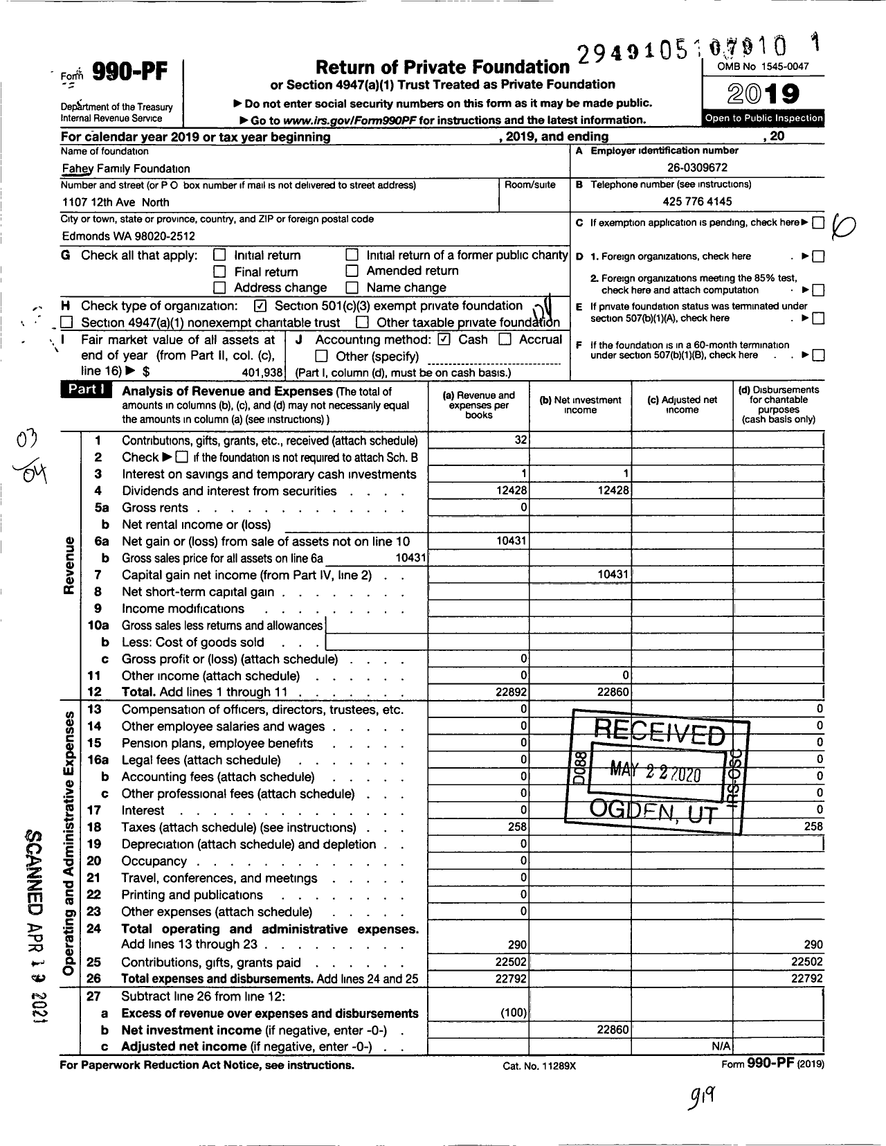 Image of first page of 2019 Form 990PF for Fahey Family Foundation