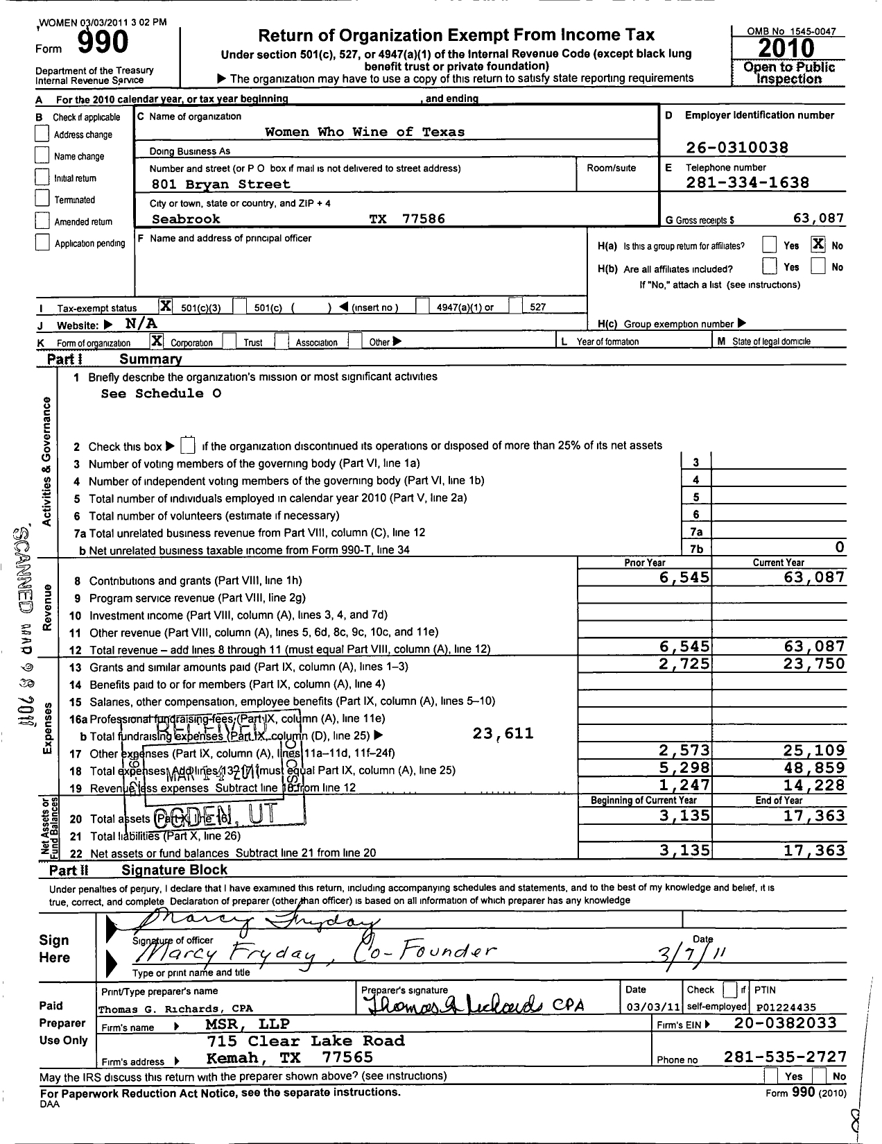 Image of first page of 2010 Form 990 for Women Who Wine of Texas