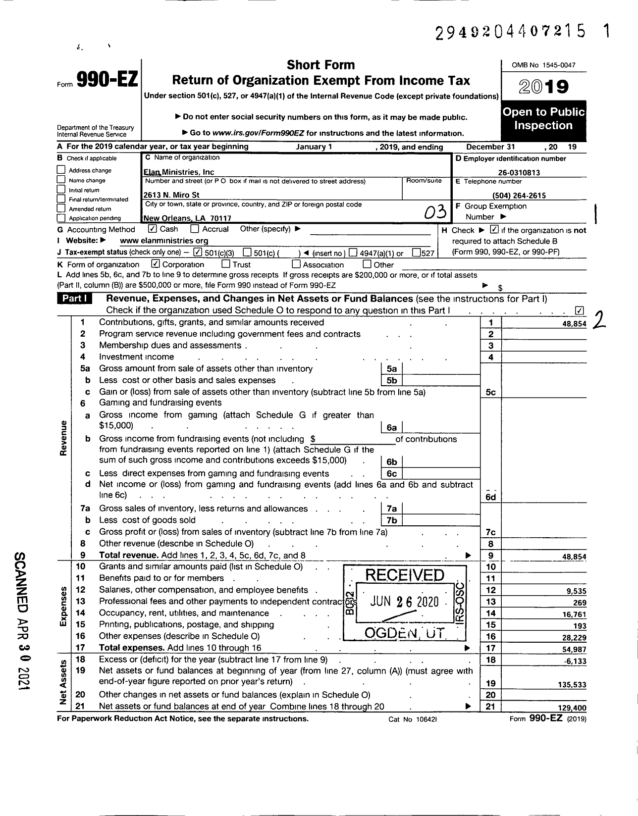 Image of first page of 2019 Form 990EZ for Elan Ministries