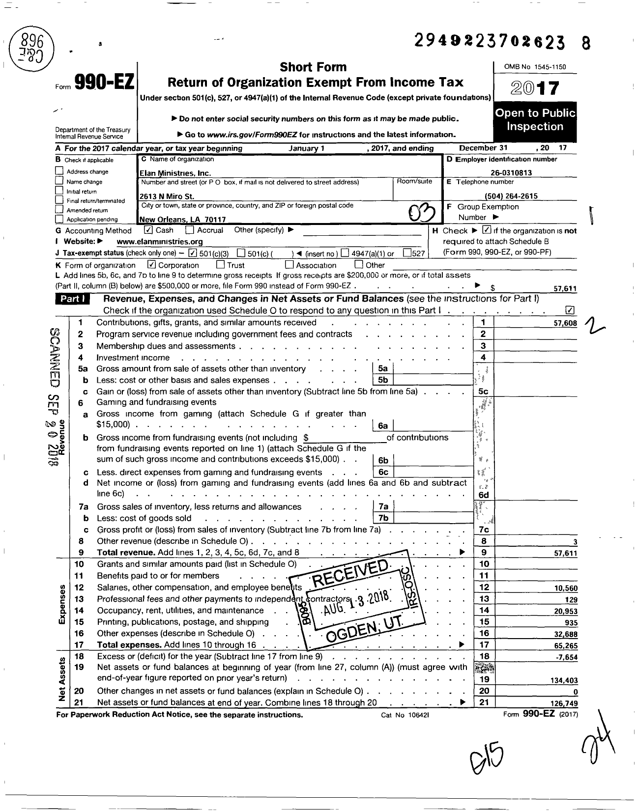 Image of first page of 2017 Form 990EZ for Elan Ministries