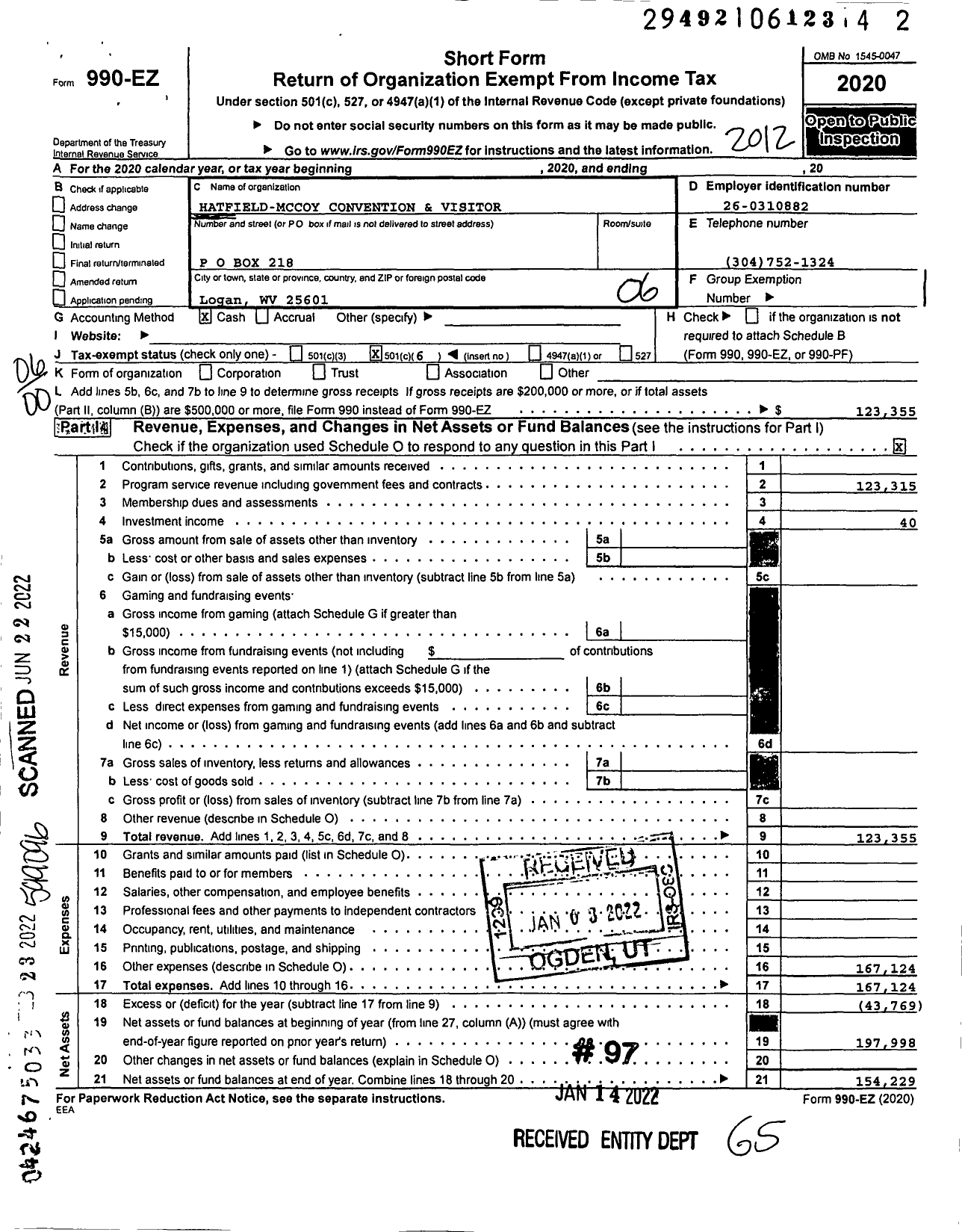 Image of first page of 2020 Form 990EO for Hatfield-Mccoy Convention and Visitor