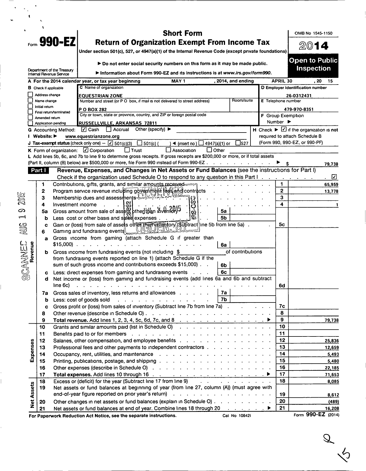 Image of first page of 2014 Form 990EZ for Equestrian Zone