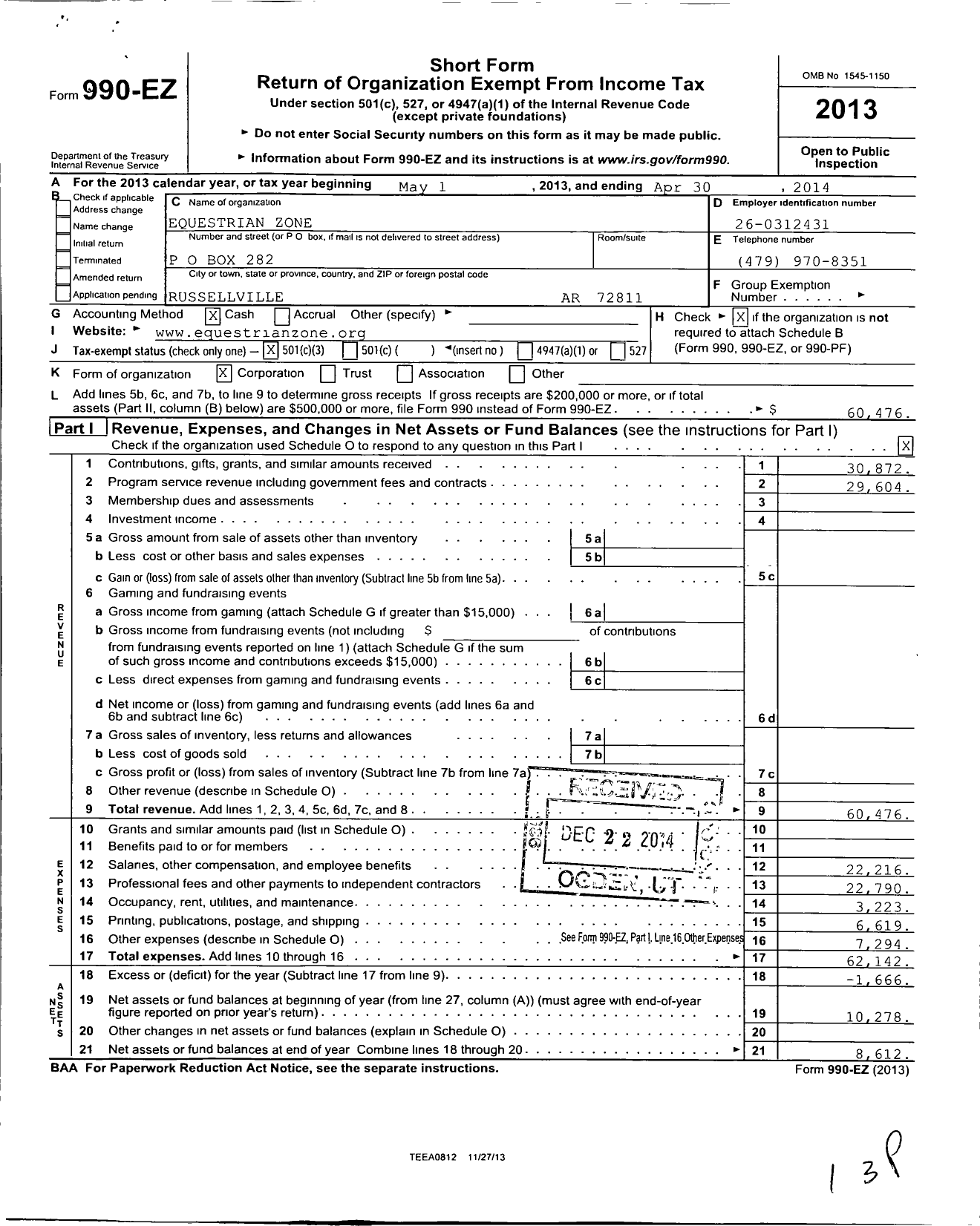 Image of first page of 2013 Form 990EZ for Equestrian Zone