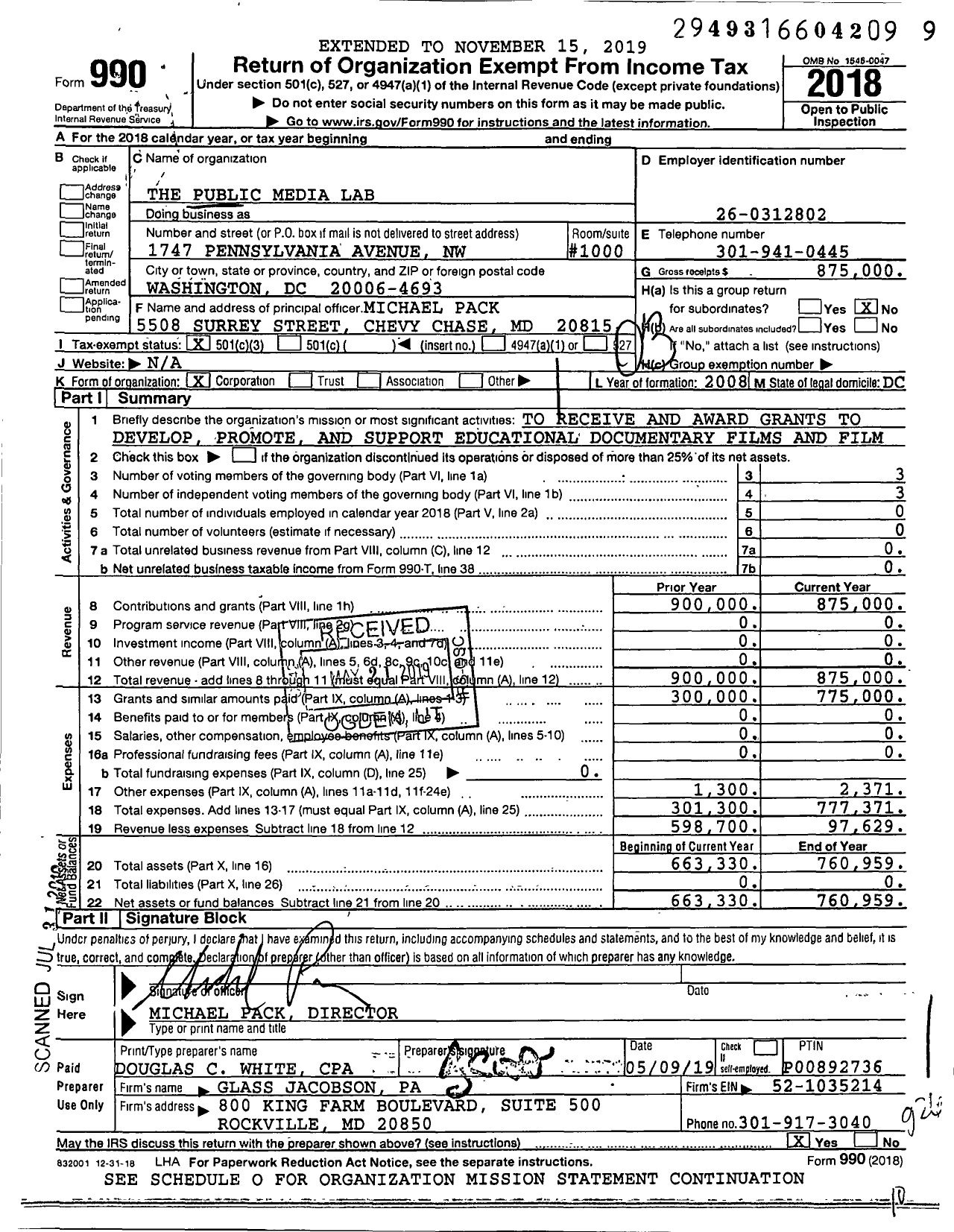 Image of first page of 2018 Form 990 for The Public Media Lab