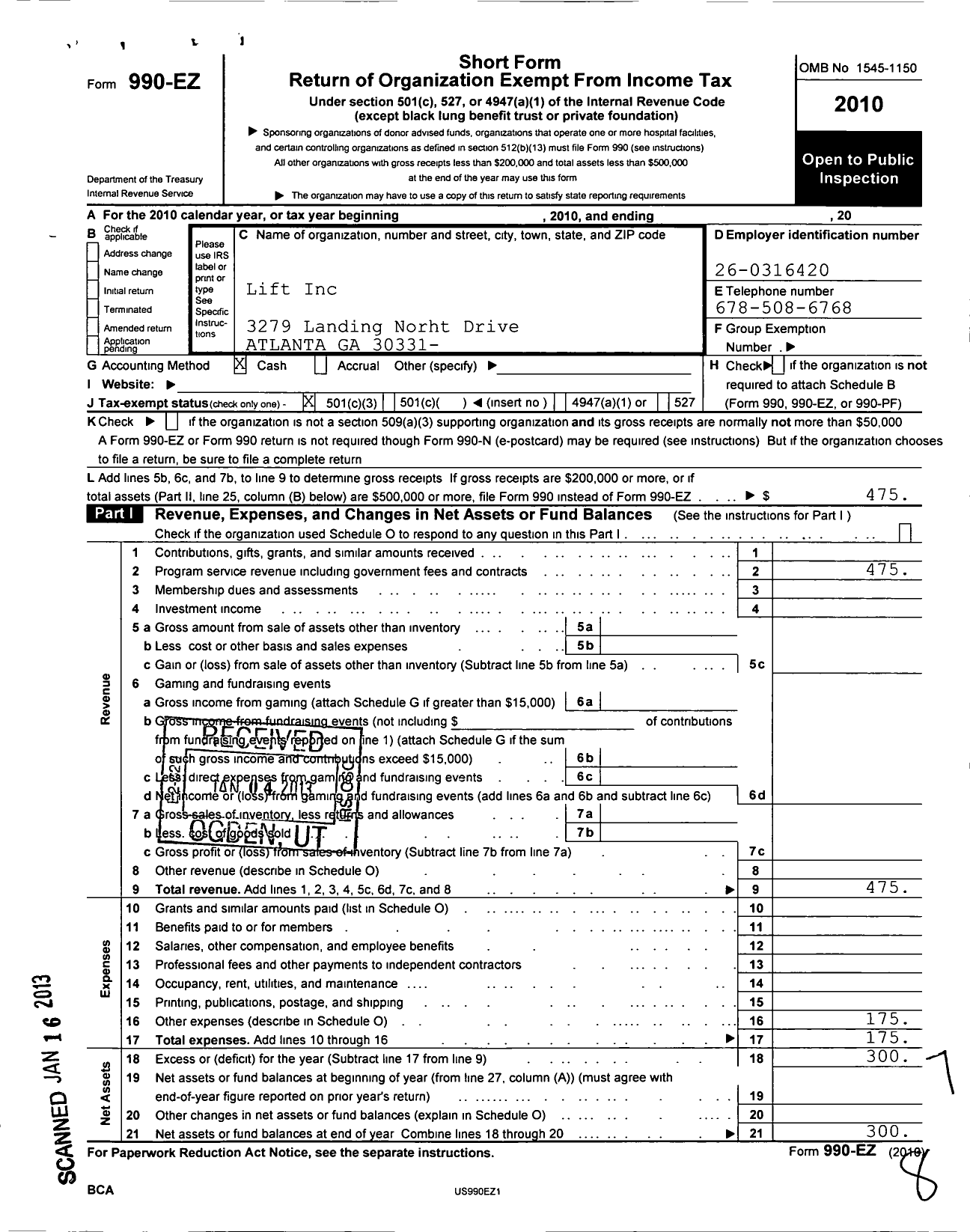 Image of first page of 2010 Form 990EZ for Lift