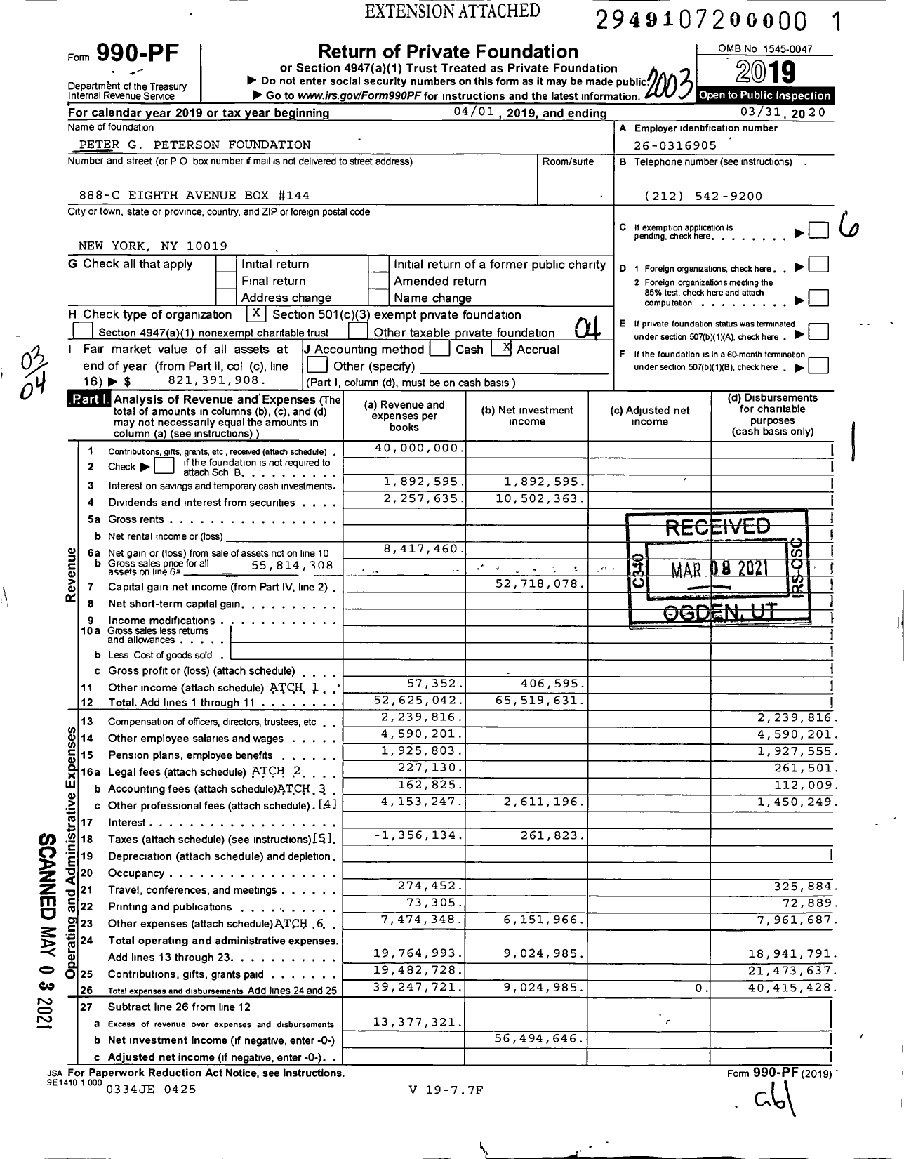 Image of first page of 2019 Form 990PF for Peter G Peterson Foundation (PGPF)