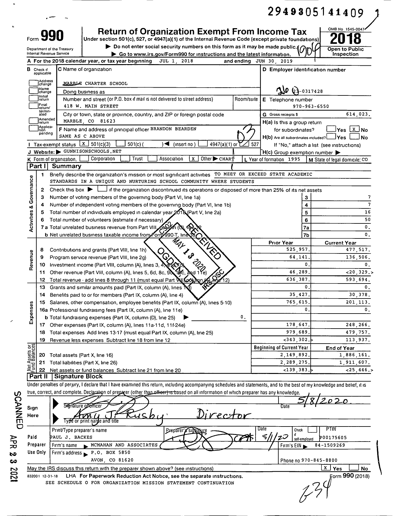 Image of first page of 2018 Form 990 for Marble Charter School