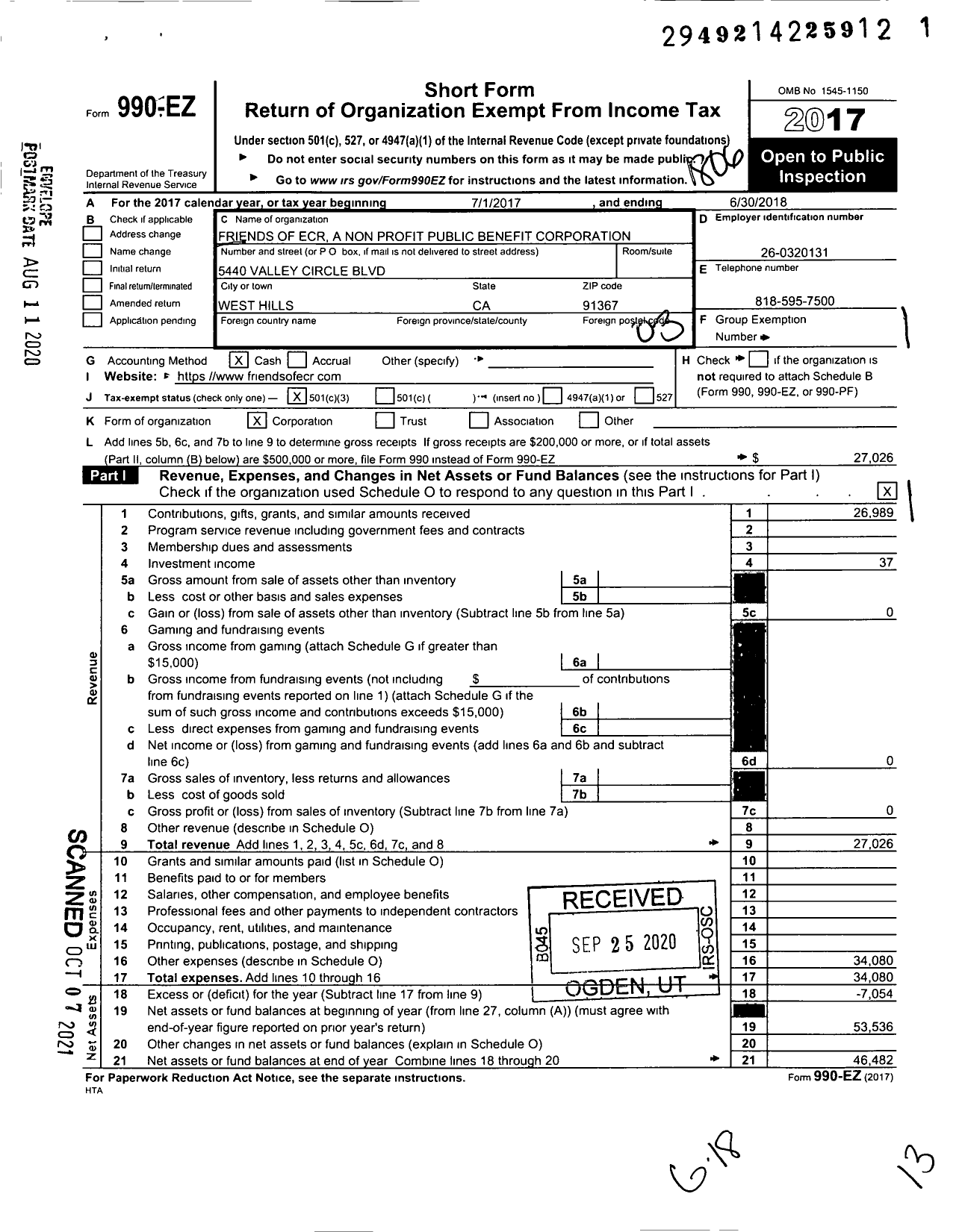 Image of first page of 2017 Form 990EZ for Friends of Ecr A Nonprofit Public Benefit Corporation