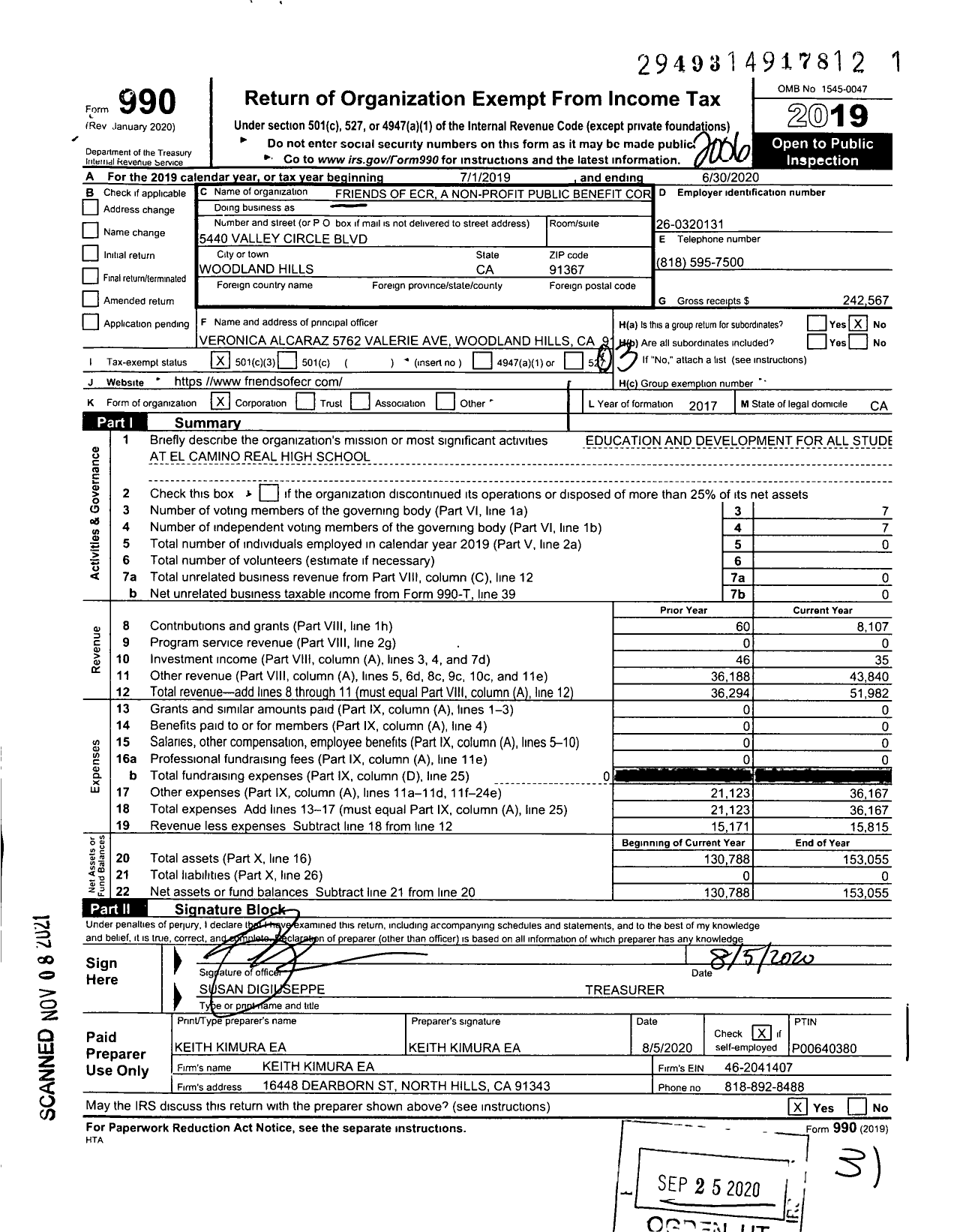 Image of first page of 2019 Form 990 for Friends of Ecr A Nonprofit Public Benefit Corporation