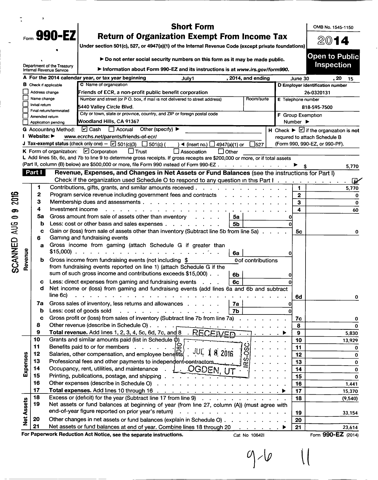 Image of first page of 2014 Form 990EZ for Friends of Ecr A Nonprofit Public Benefit Corporation