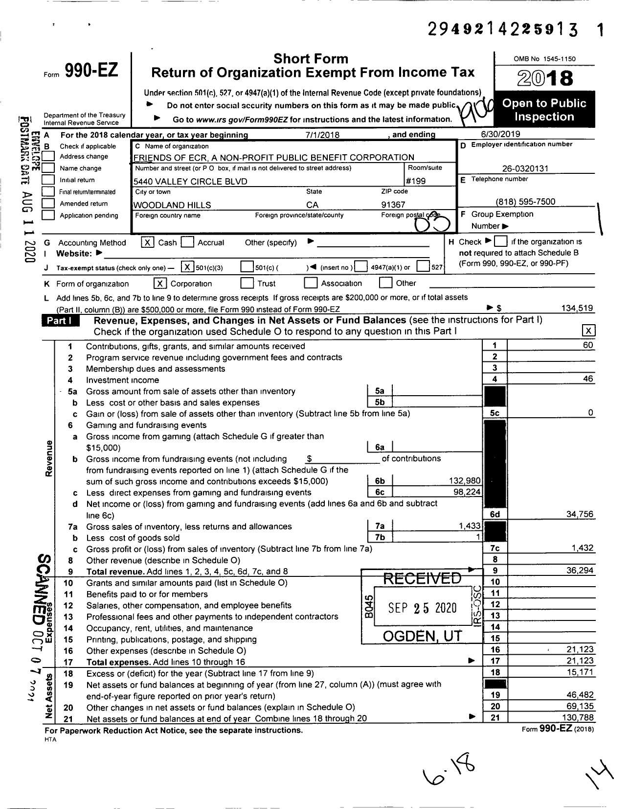 Image of first page of 2018 Form 990EZ for Friends of Ecr A Nonprofit Public Benefit Corporation