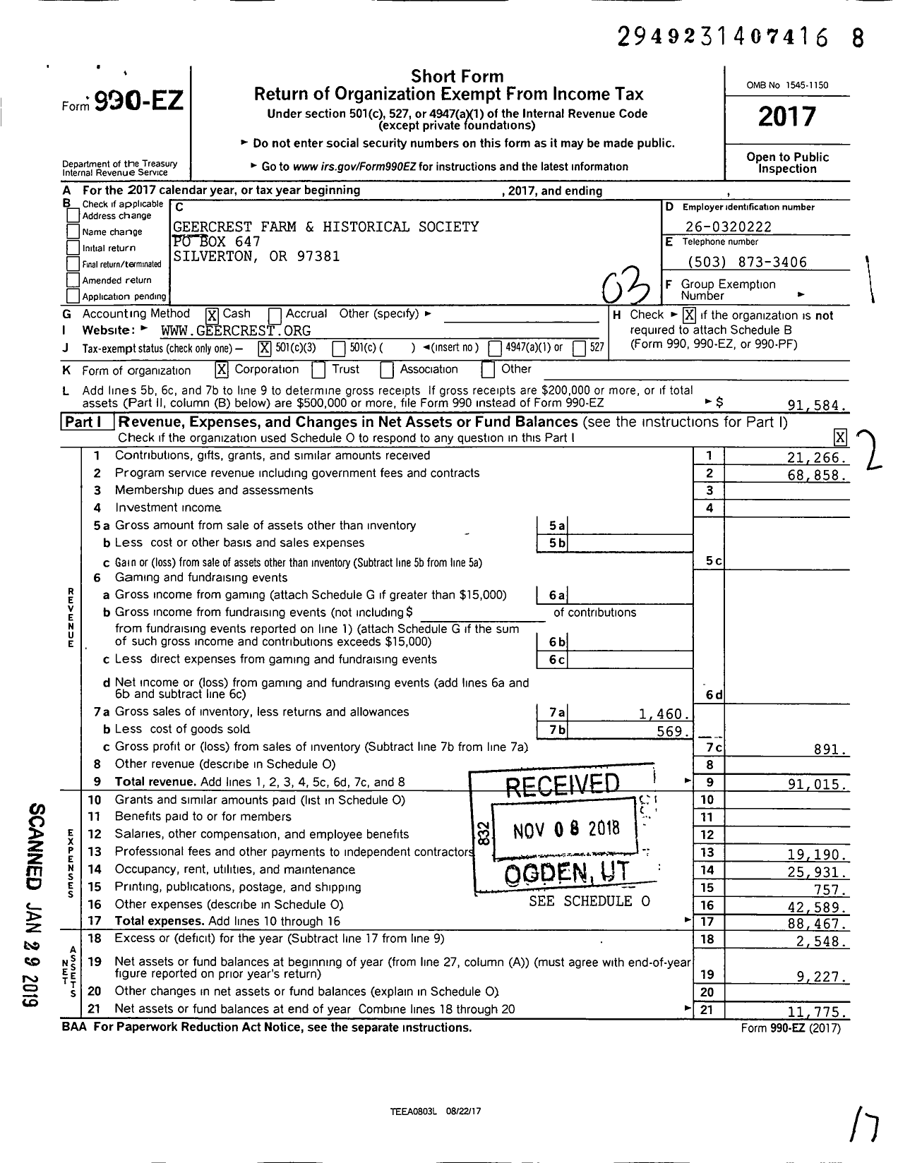 Image of first page of 2017 Form 990EZ for Geercrest Farm and Historical Society