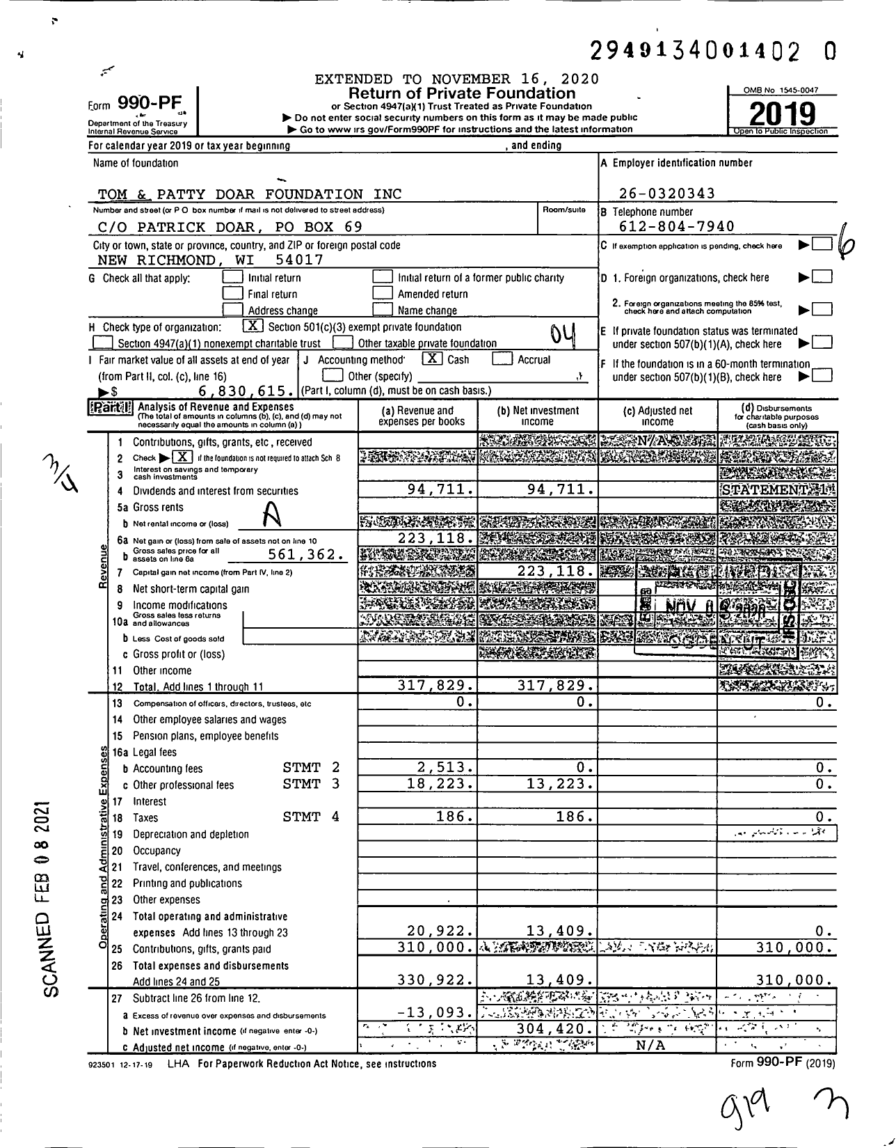 Image of first page of 2019 Form 990PF for Tom and Patty Doar Foundation