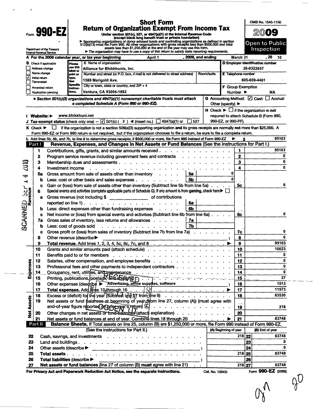 Image of first page of 2009 Form 990EZ for Alliance for Bhikkhunis Incorporated