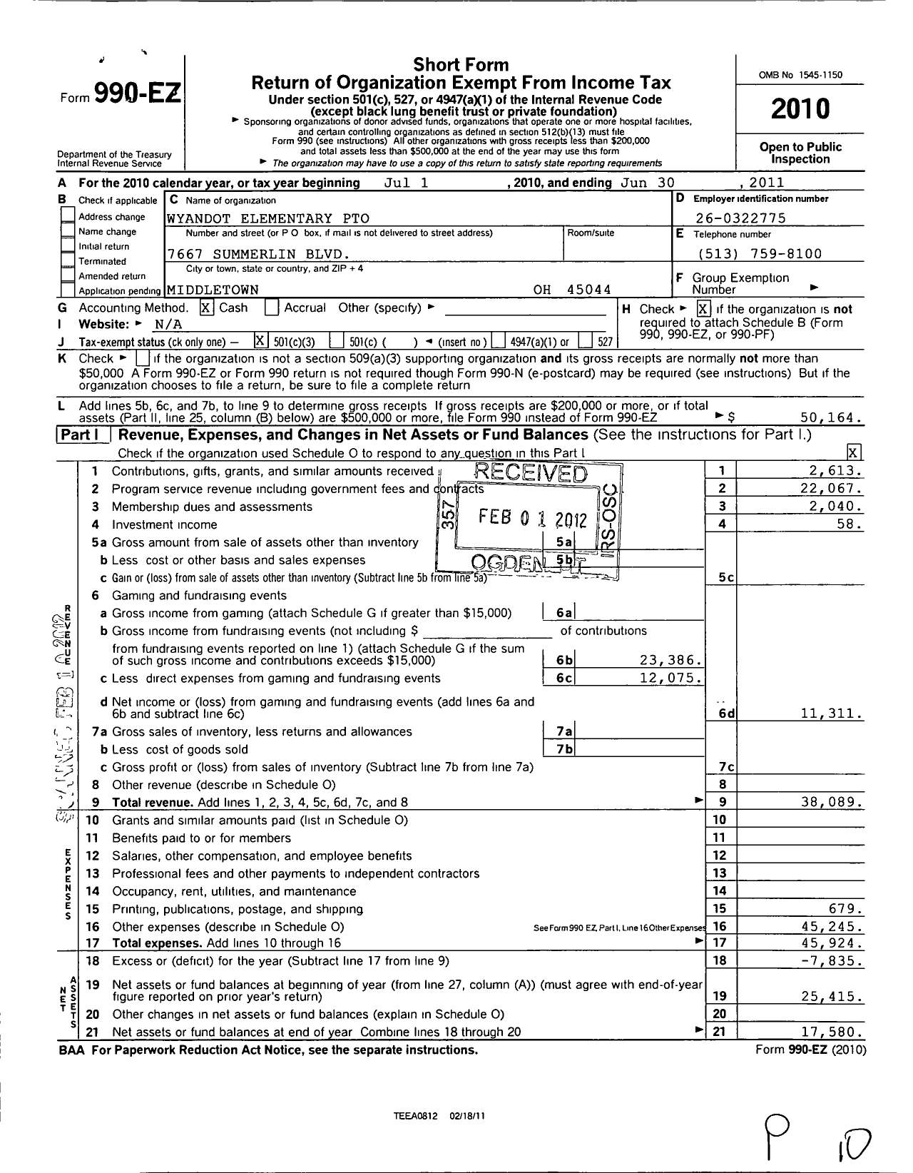 Image of first page of 2010 Form 990EZ for Wyandot Elementary Pto