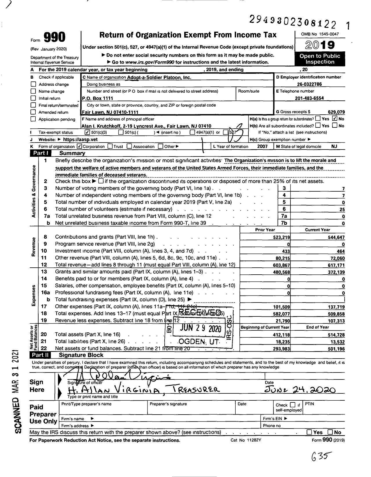 Image of first page of 2019 Form 990 for Adopt-A-Soldier Platoon