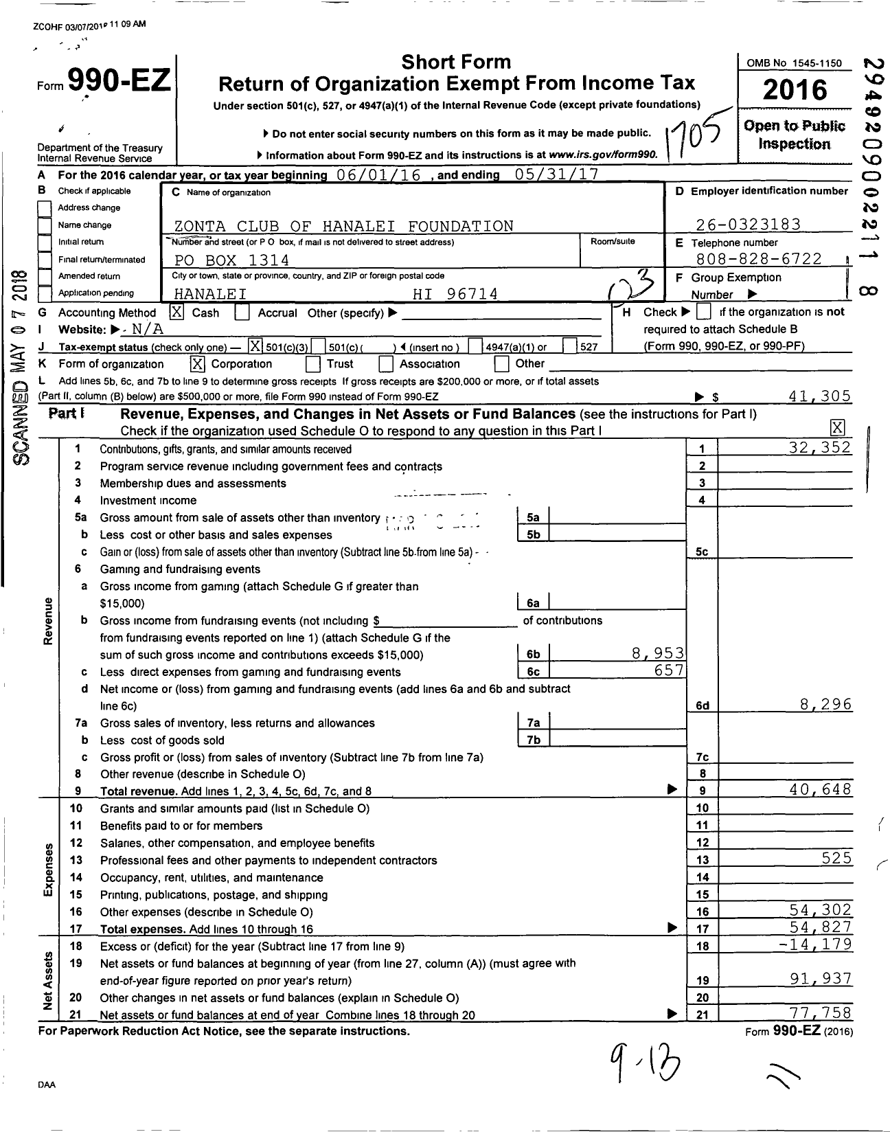 Image of first page of 2016 Form 990EZ for Zonta Club of Hanalei Foundation