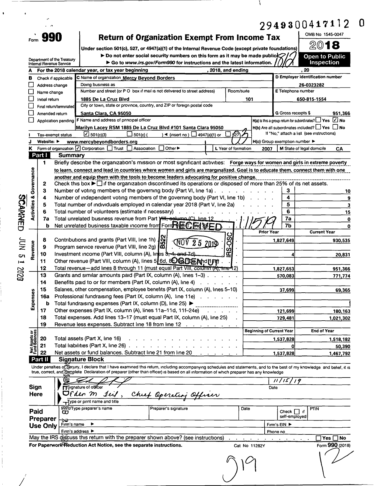 Image of first page of 2018 Form 990 for Mercy Beyond Borders