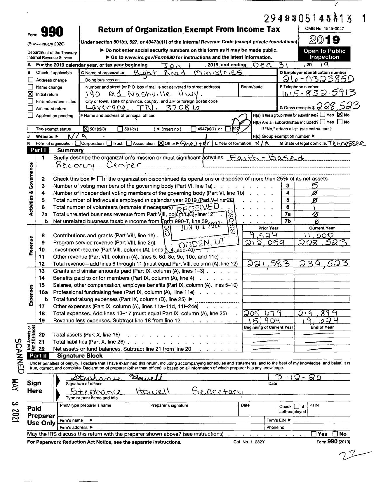 Image of first page of 2019 Form 990 for Right Road Ministries