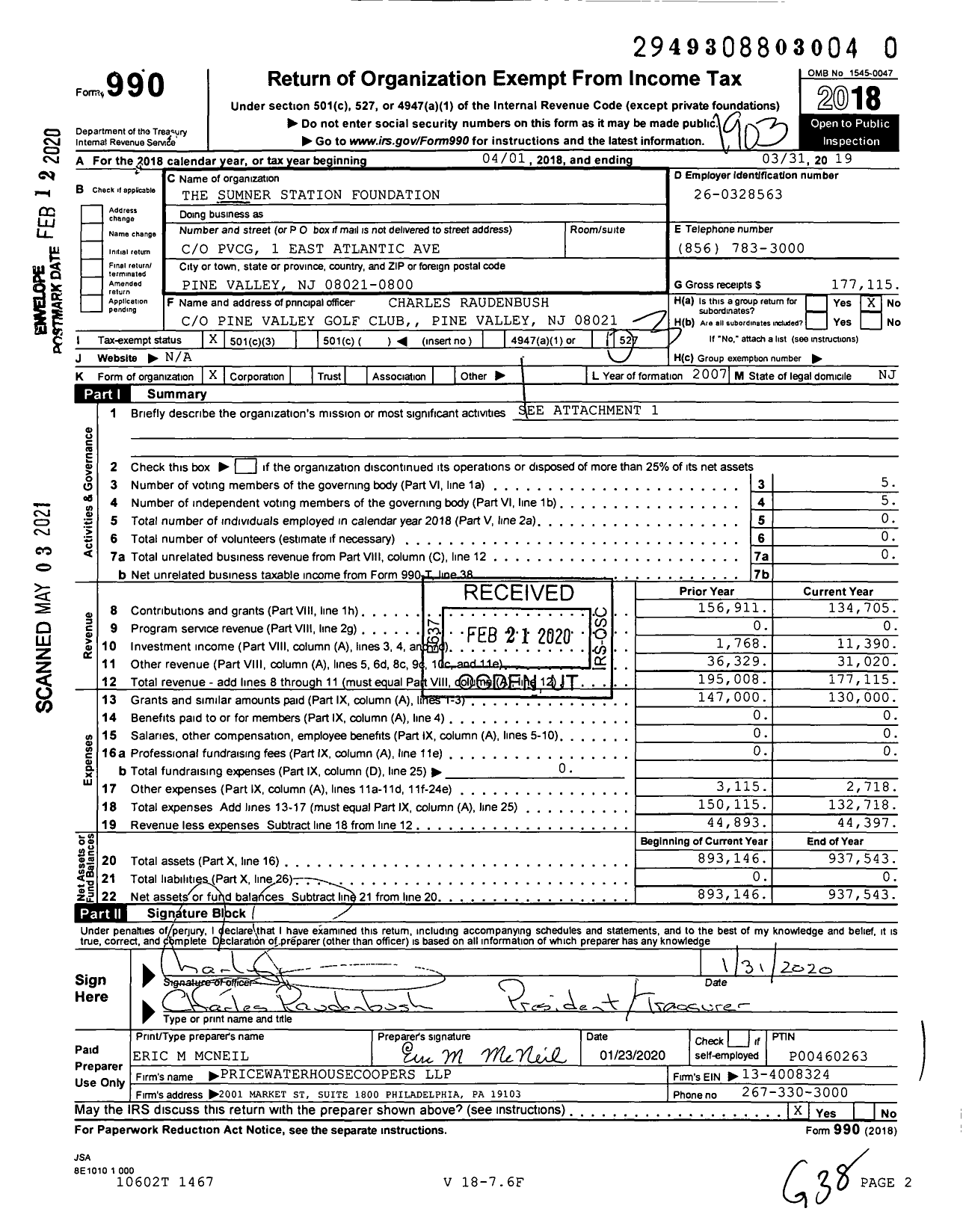 Image of first page of 2018 Form 990 for The Sumner Station Foundation