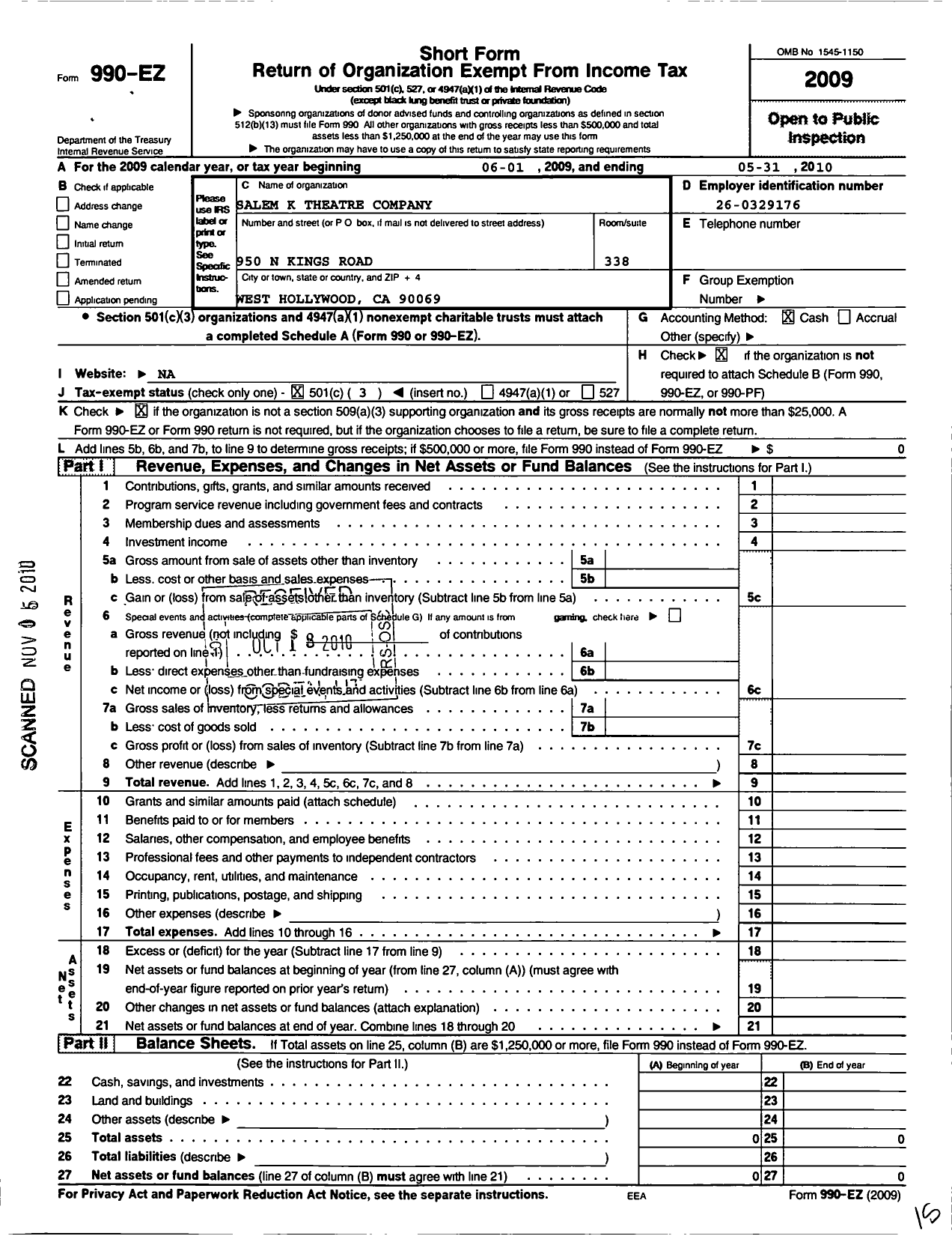 Image of first page of 2009 Form 990EZ for Salem K Theater Company