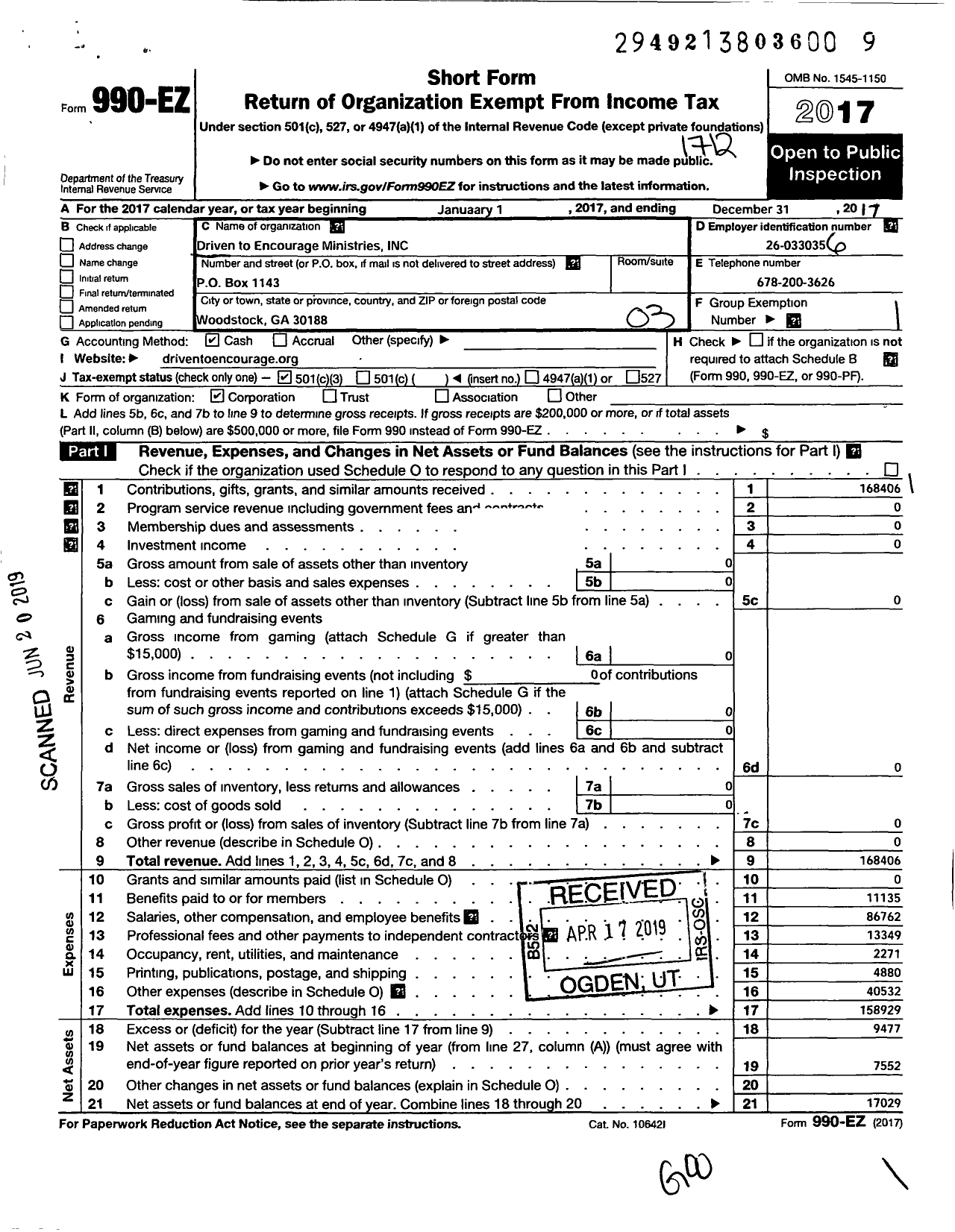 Image of first page of 2017 Form 990EZ for Driven To Encourage Ministries