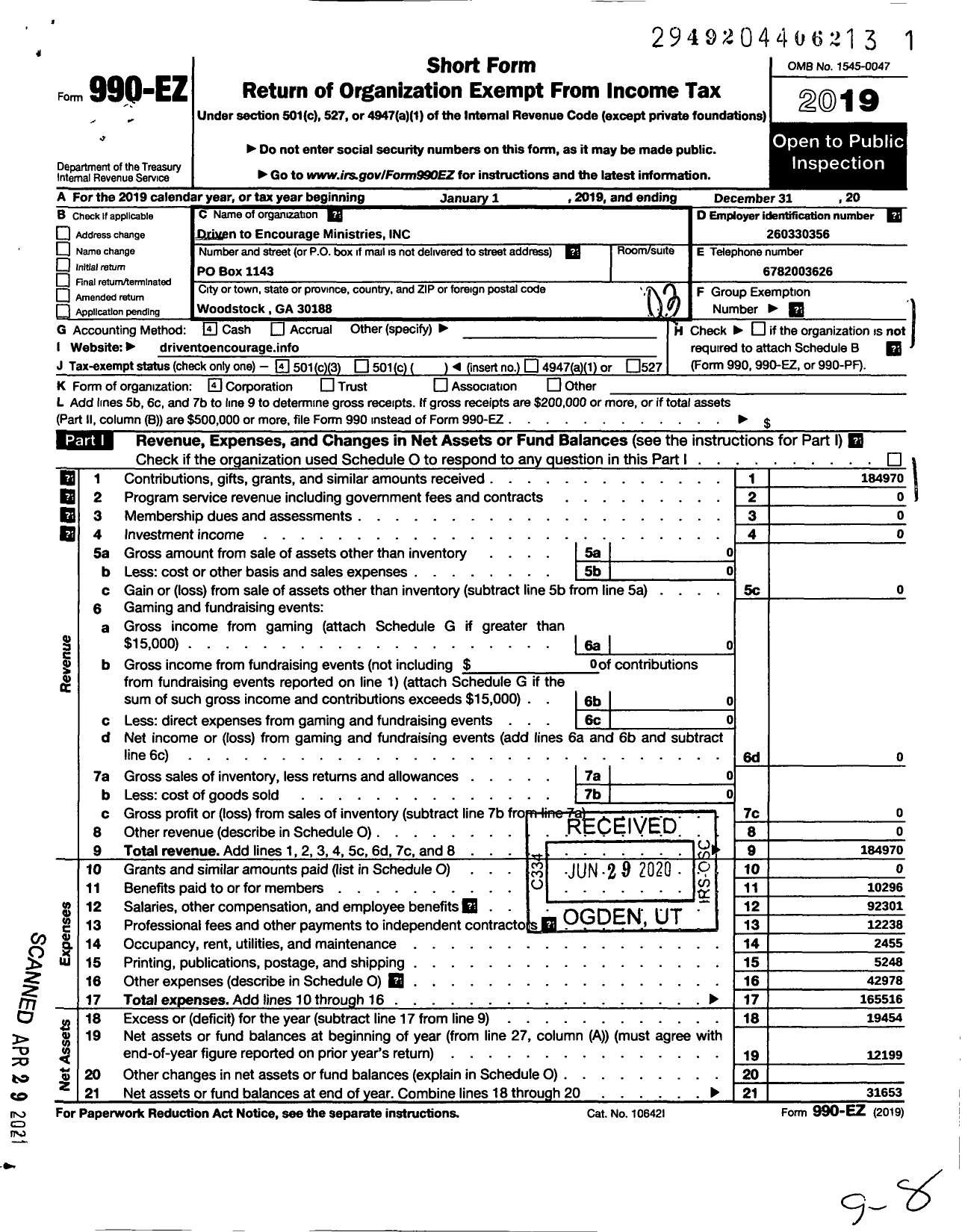 Image of first page of 2019 Form 990EZ for Driven To Encourage Ministries