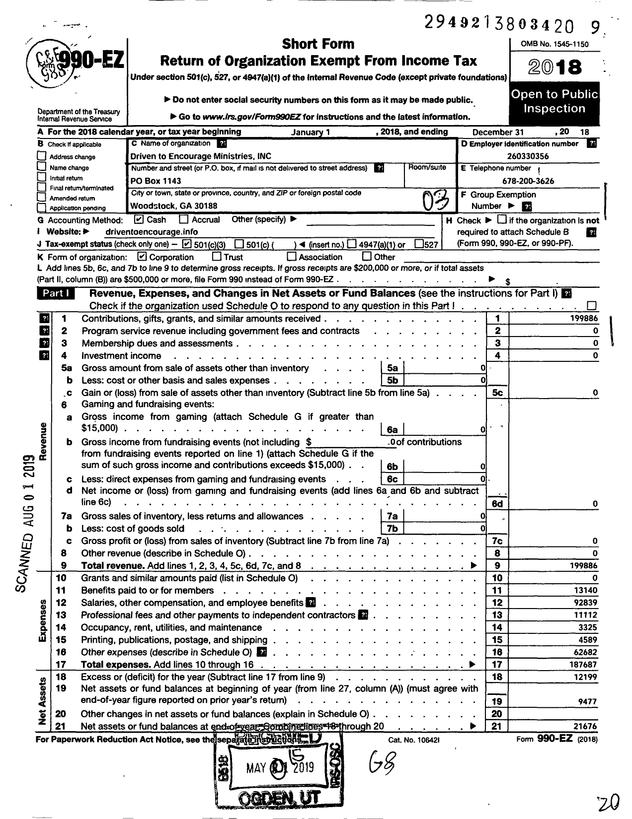 Image of first page of 2018 Form 990EZ for Driven To Encourage Ministries