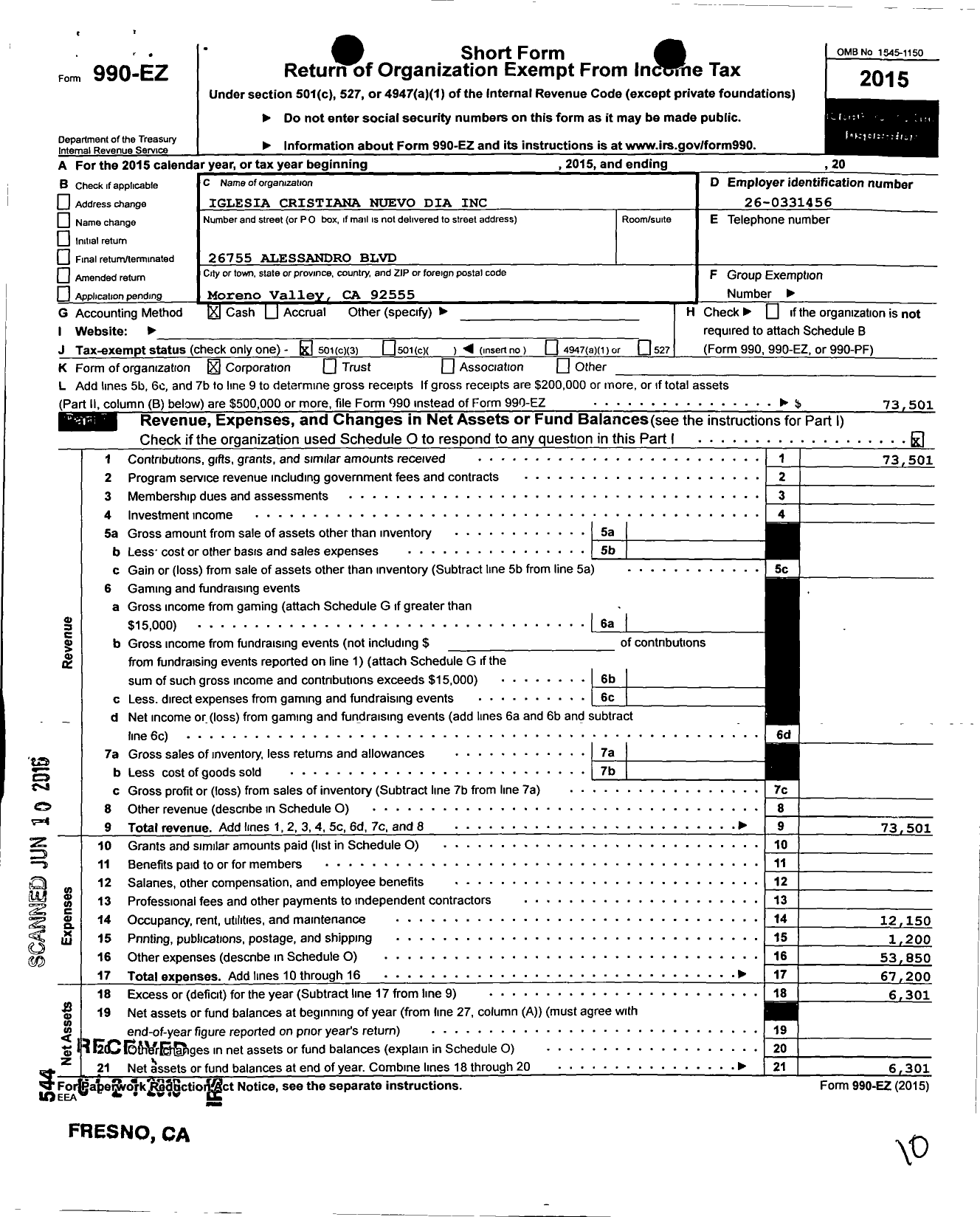 Image of first page of 2015 Form 990EZ for Iglesia Cristiana Nuevo Dia