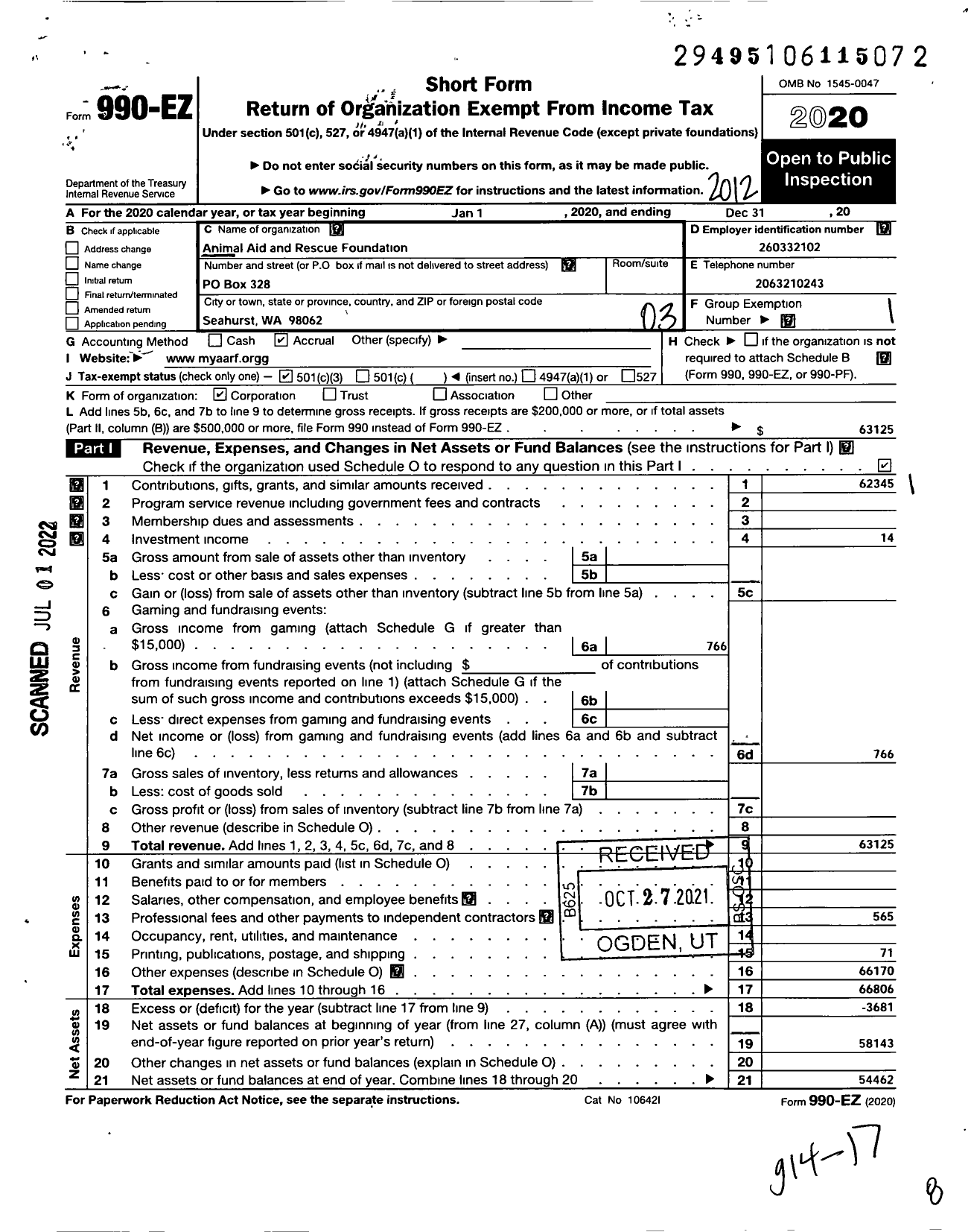 Image of first page of 2020 Form 990EZ for ANIMAL AiD AND RESCUE FOUNDATION