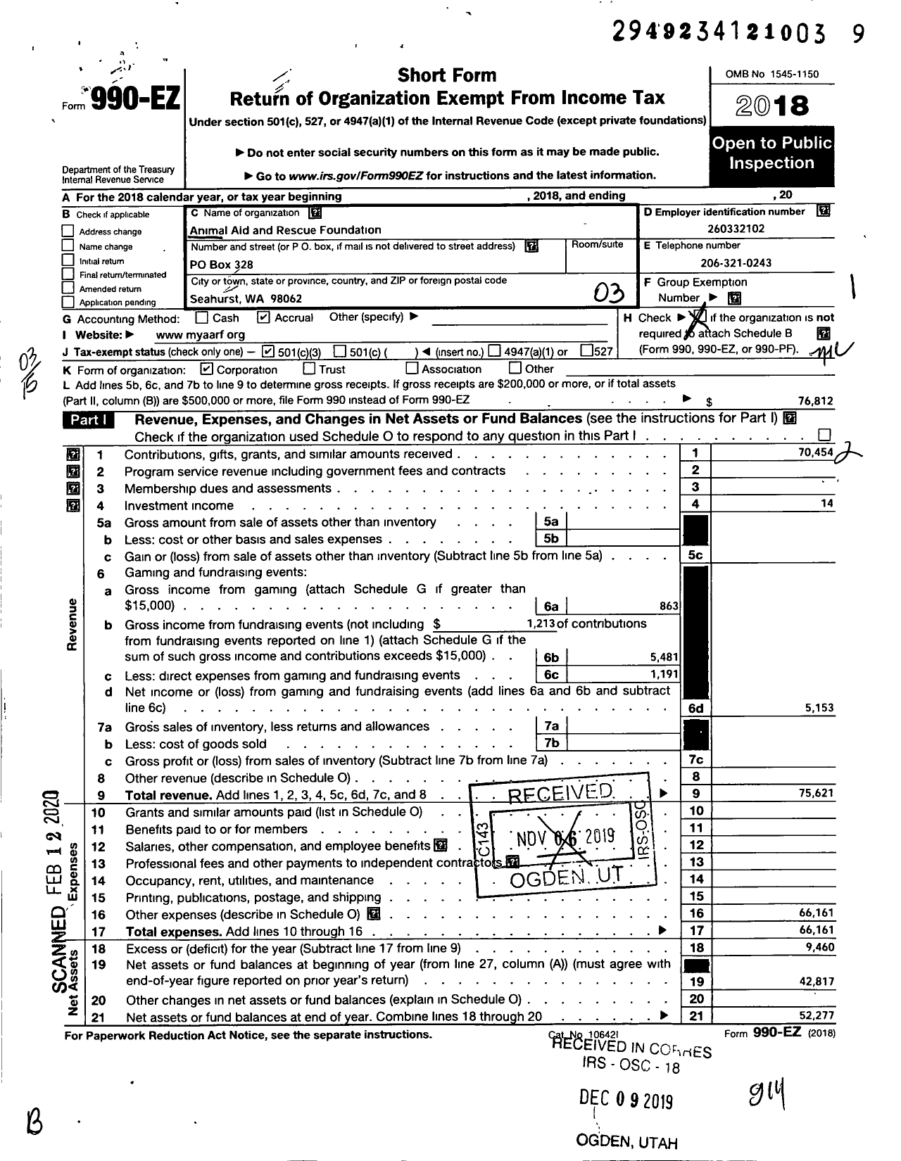 Image of first page of 2018 Form 990EZ for ANIMAL AiD AND RESCUE FOUNDATION